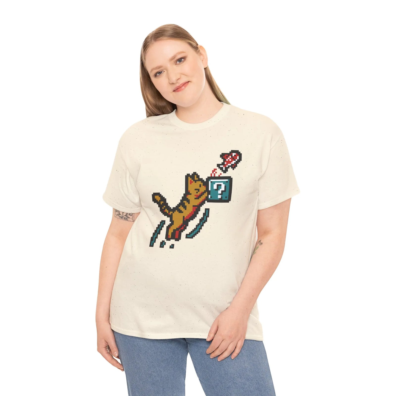 8-Bit Pixel Gaming Cats Graphic T-Shirt - Heavy Cotton Classic Fit Tee - Unisex White
