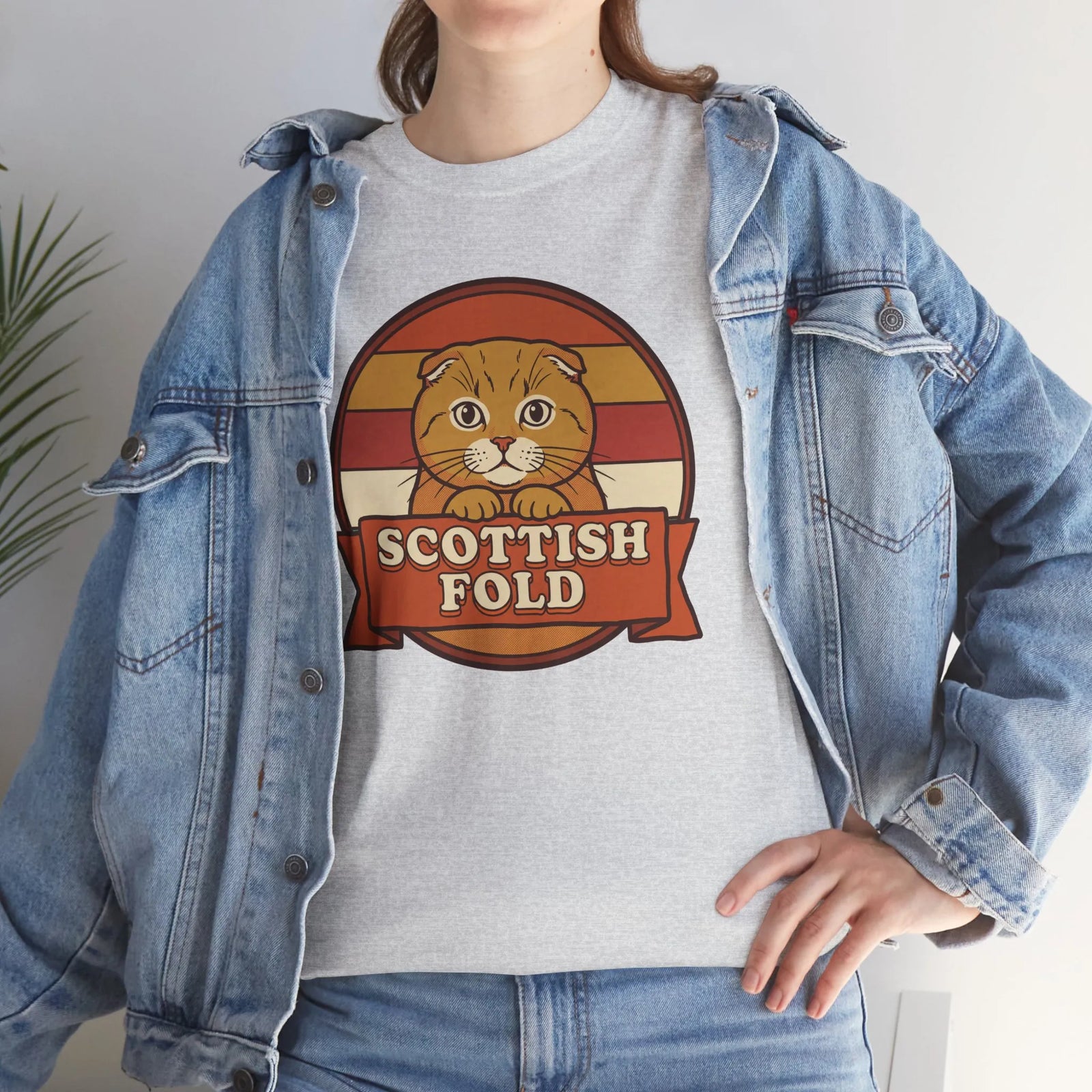 Scottish Fold Retro Sunset T-Shirt - Heavyweight Cotton Classic Fit - Unisex White