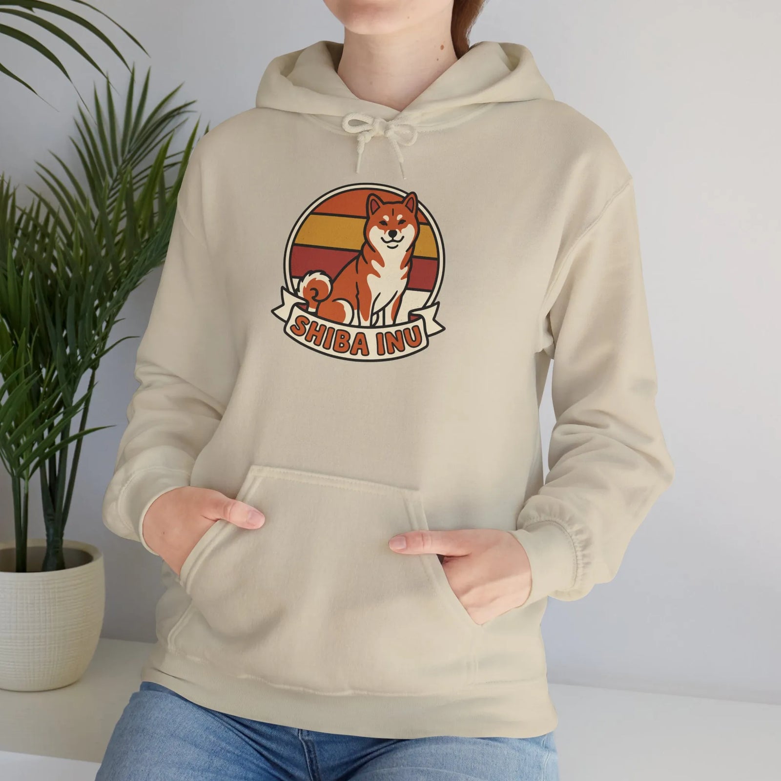 Shiba Inu Retro 70s Sunset Graphic Hoodie - Medium-Heavy Cotton Blend Fleece - Unisex White