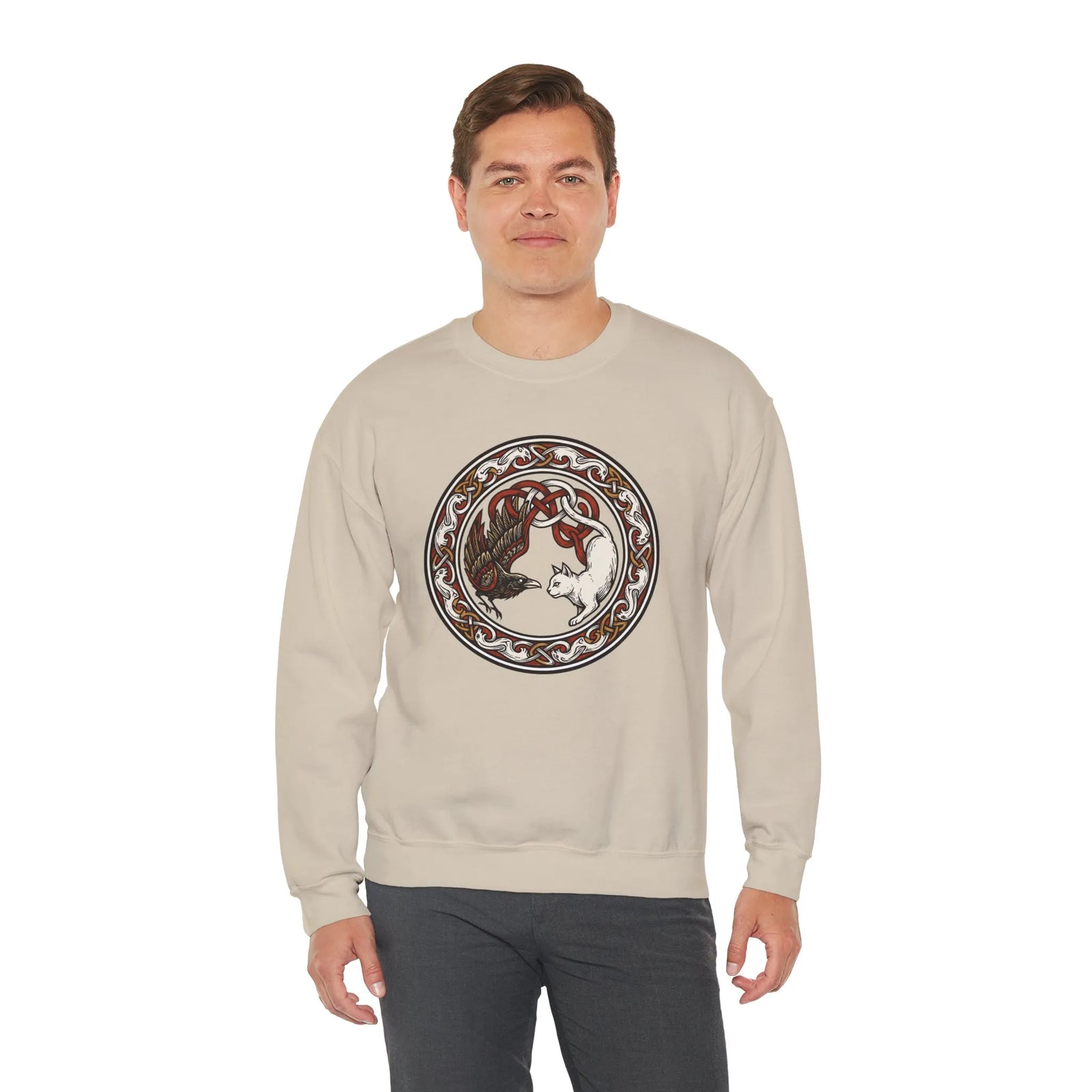 Norse Woodcut Cat & Raven Sweatshirt - Classic Fit Heavy Blend Crewneck - Unisex White