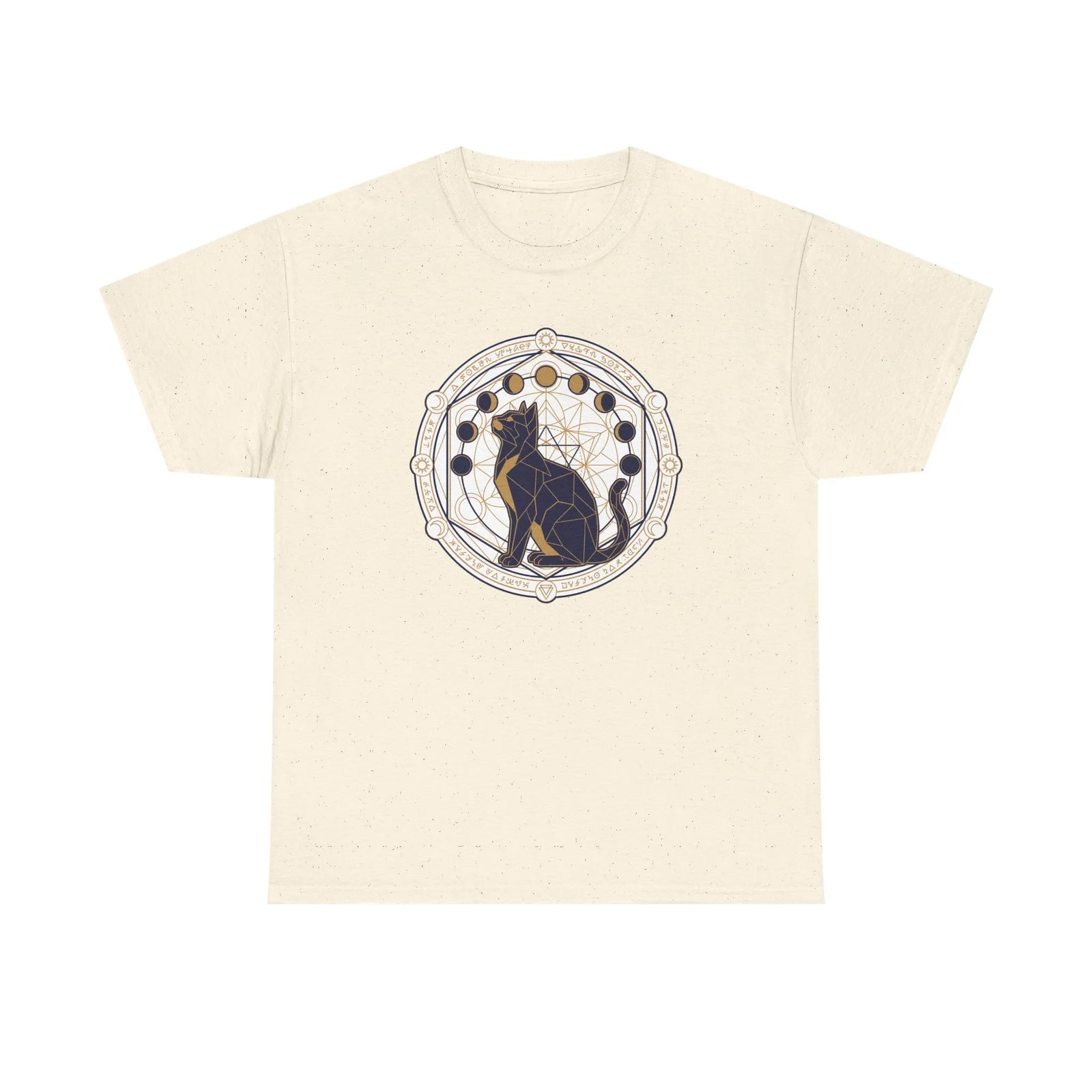 Moon Phases Sacred Geometry Cat Graphic T-Shirt - Heavy Cotton Classic Fit Tee - Unisex White