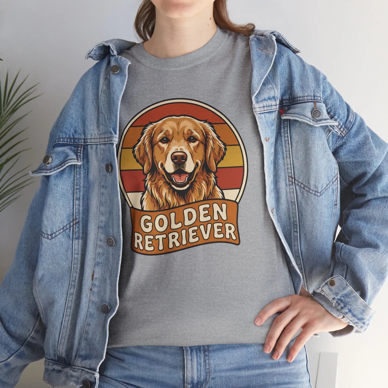 Golden Retriever Retro 70s Sunset T-Shirt - Heavy Cotton Classic Fit Tee - Unisex White