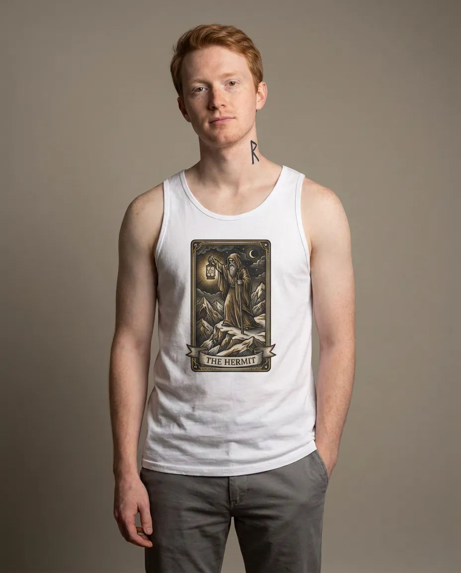 Hermit Tarot Card Graphic Tank Top - Lightweight Ringspun Cotton Retail Fit - Unisex White