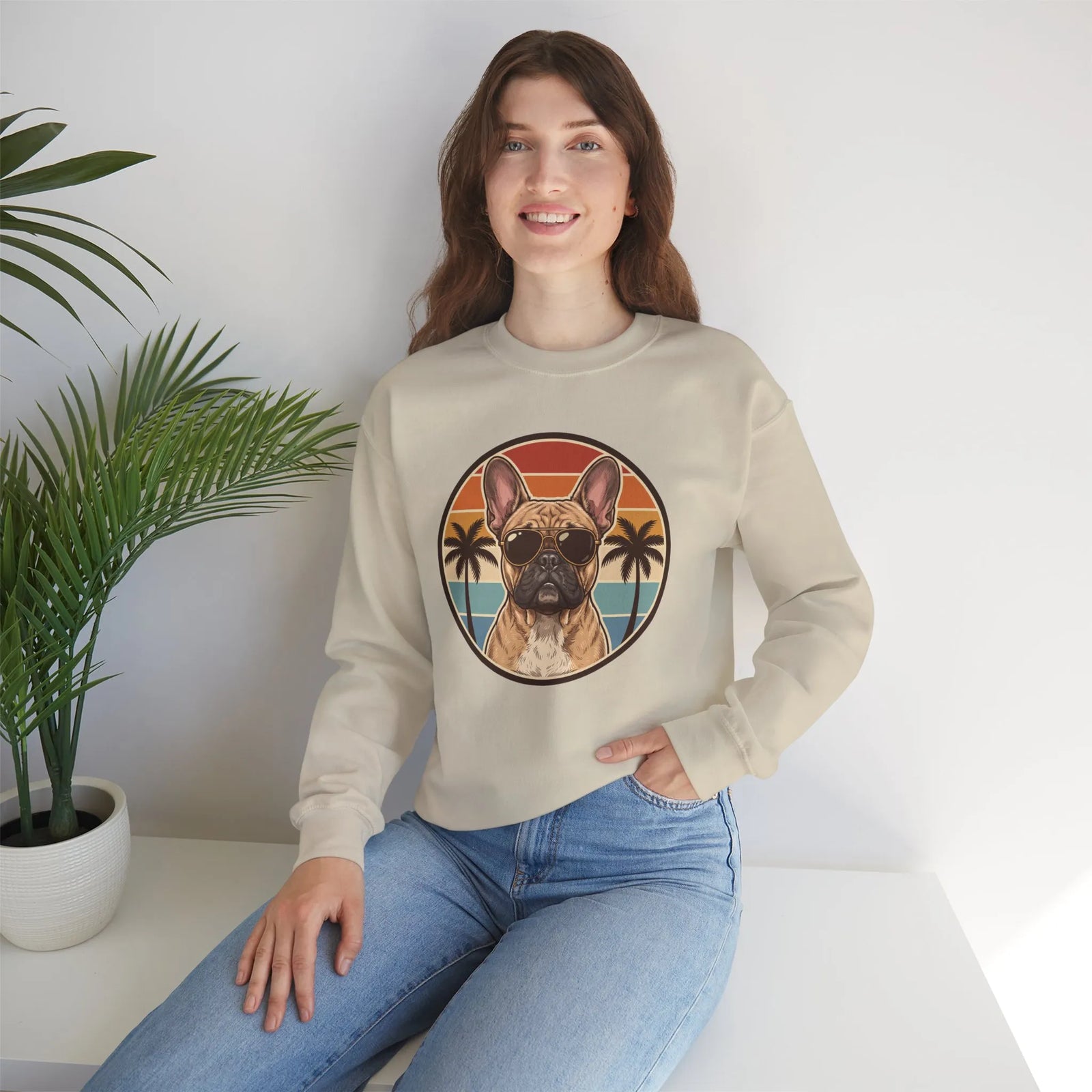 French Bulldog Sunset Aviators Sweatshirt - Heavy Blend Fleece Crewneck - Unisex White