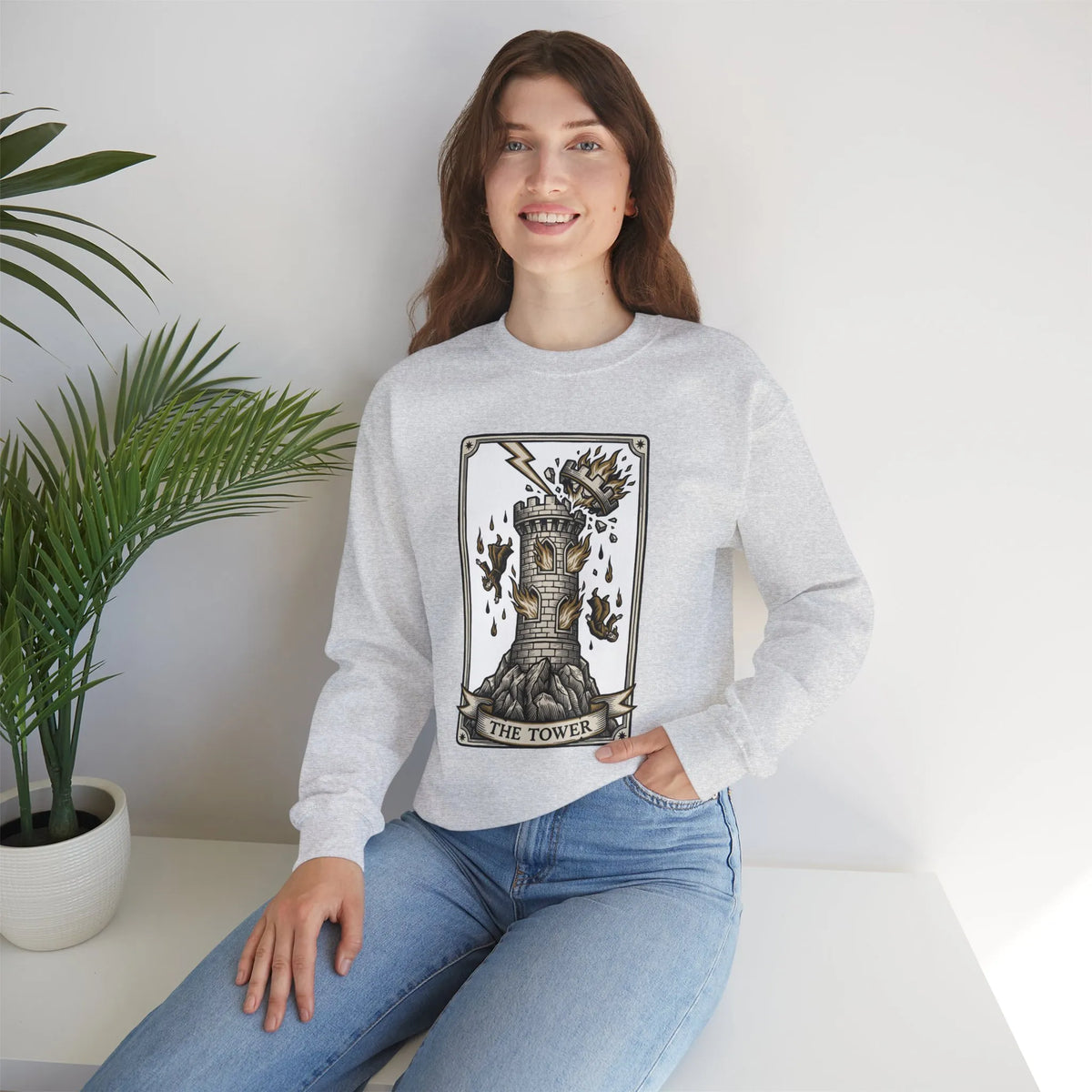 The Tower Tarot Card Sweatshirt - Heavy Blend Fleece Crewneck - Unisex White