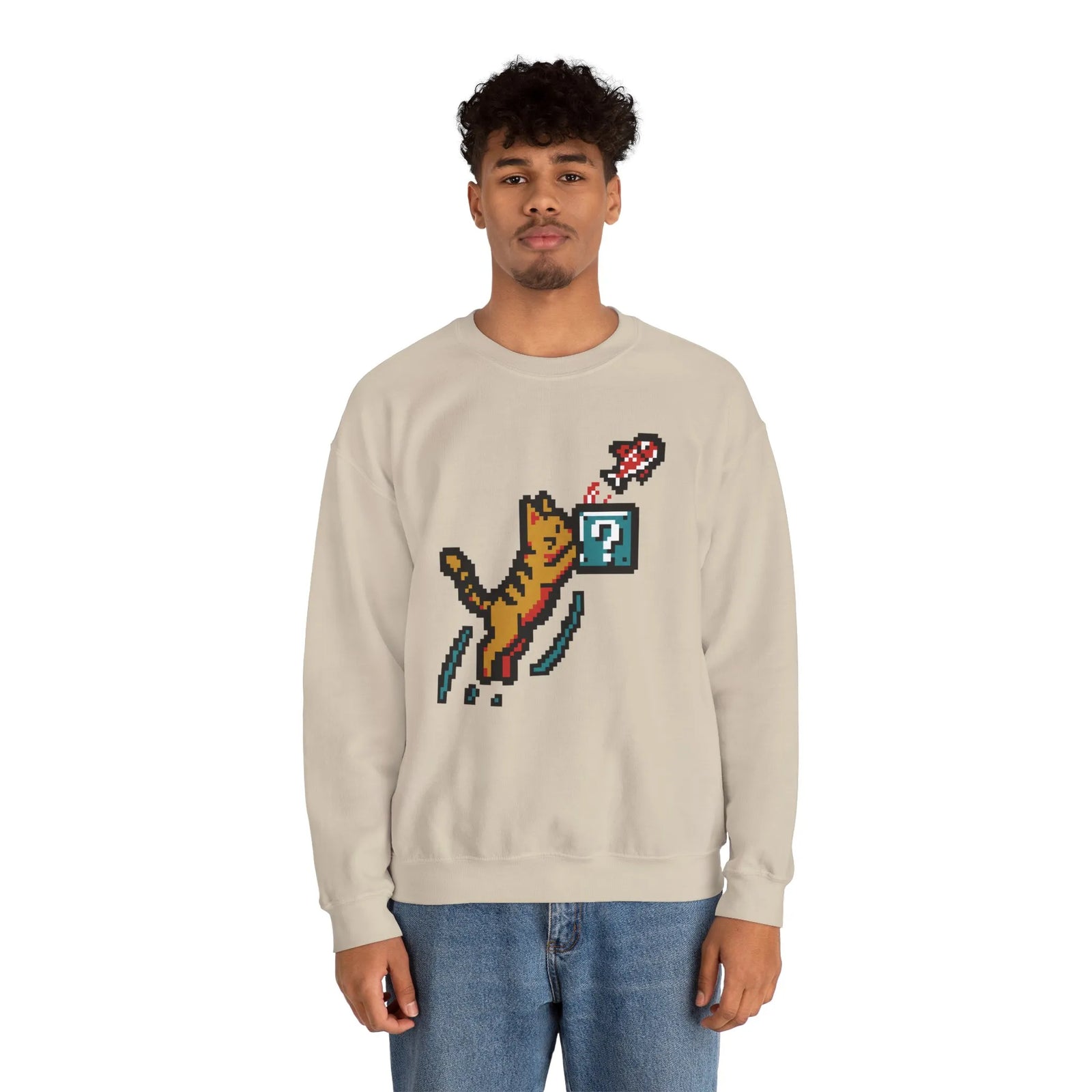 8-Bit Pixel Gaming Cats Sweatshirt - Heavy Blend Fleece Crewneck - Unisex White