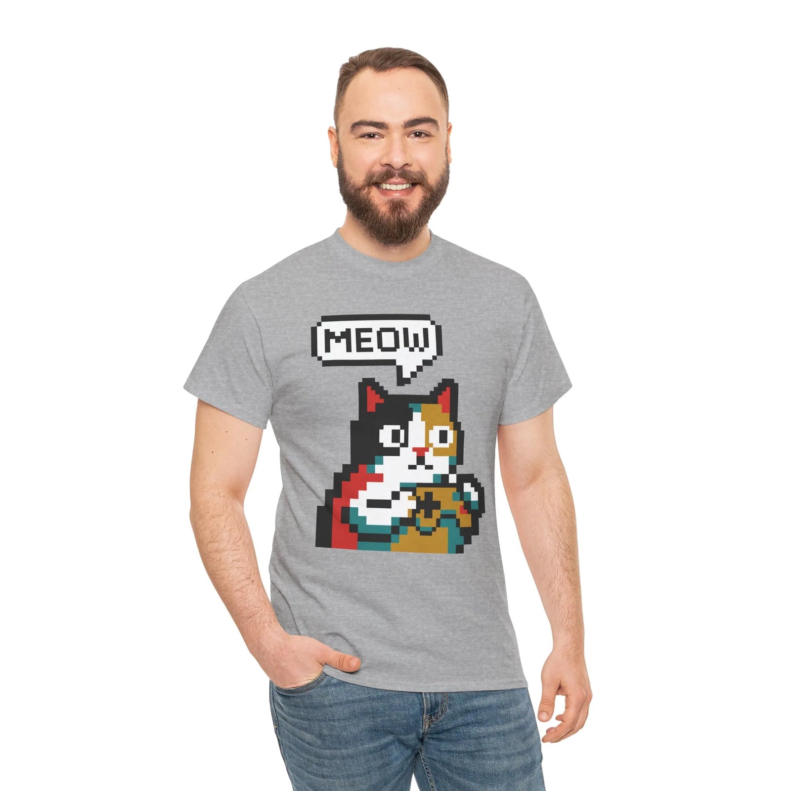 Player One 8-Bit Pixel Gaming Cats T-Shirt - Heavyweight 100% Cotton Tee - Unisex White