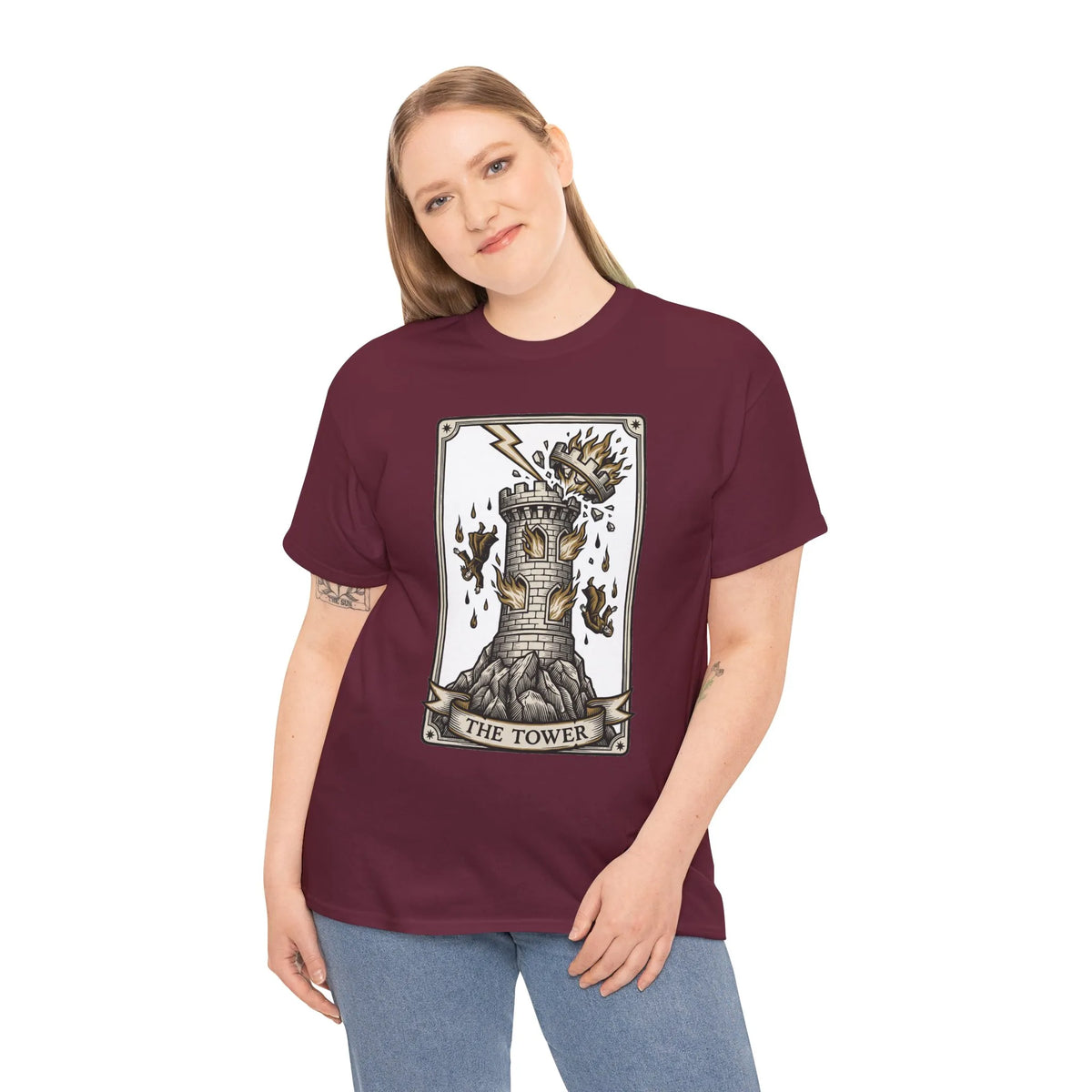 The Tower Tarot Card Graphic T-Shirt - Heavy Cotton Classic Fit Tee - Unisex White