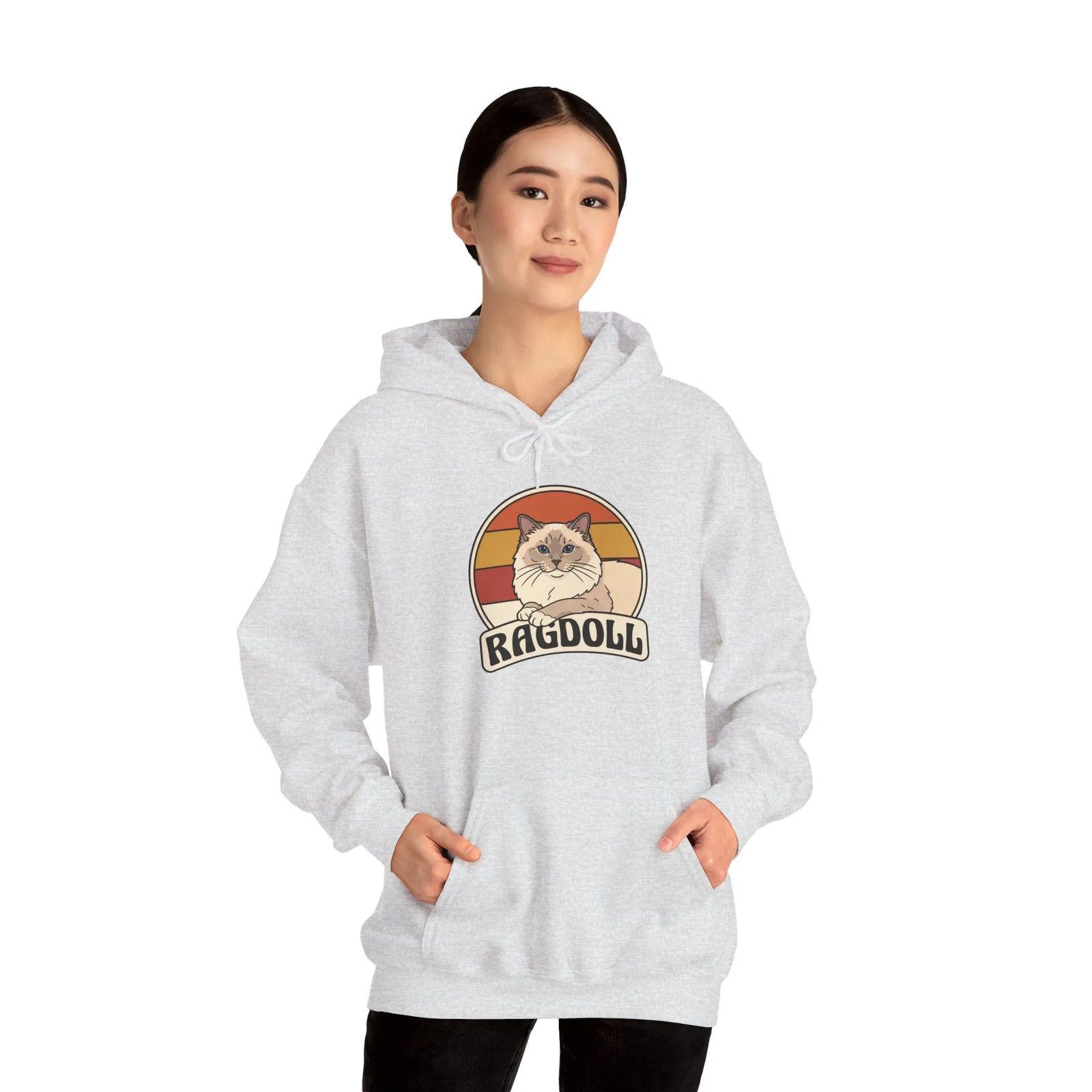 Ragdoll Cat Retro 70s Sunset Hoodie - Soft Blend Fleece Pullover Hoodie - Unisex White