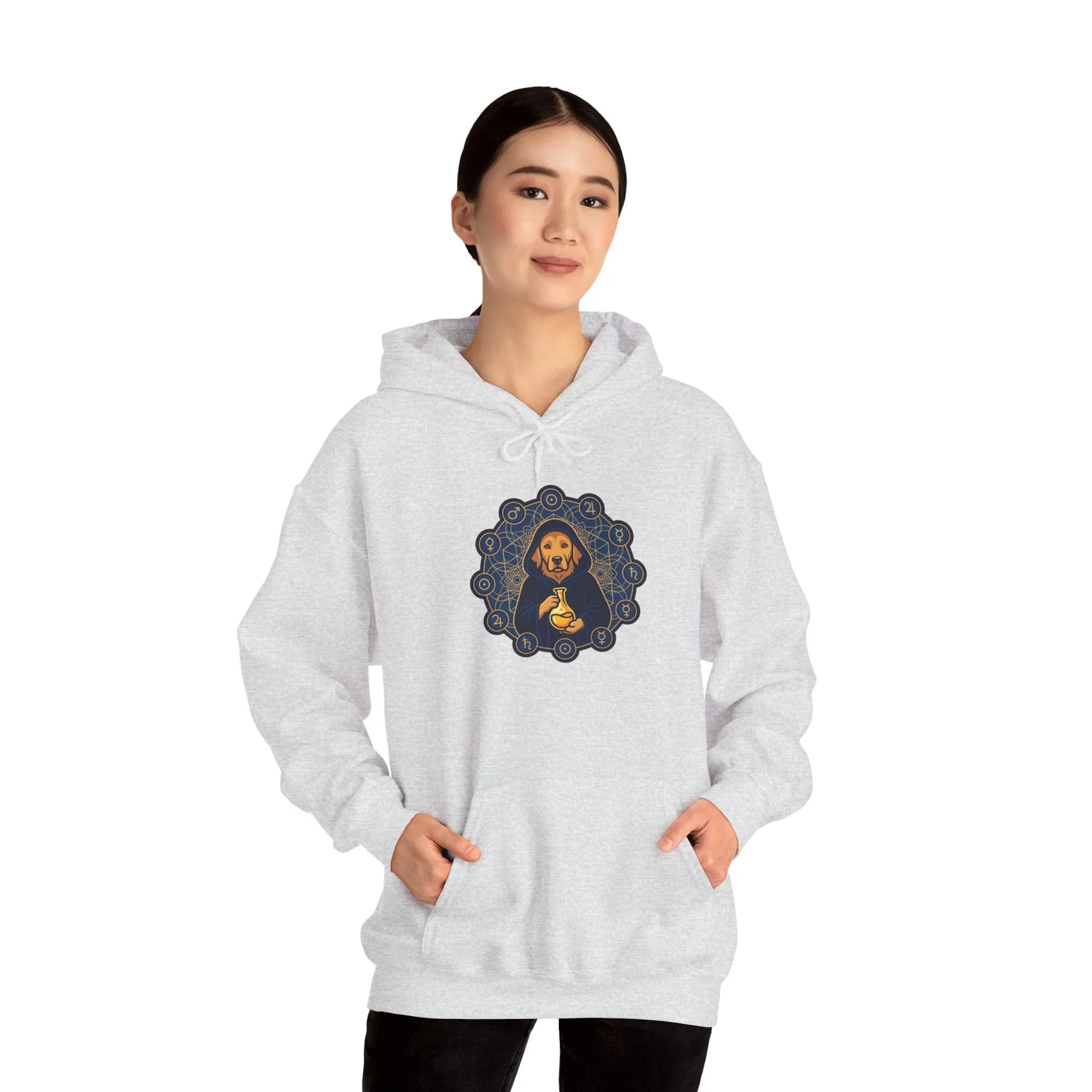 Alchemist Dog Sacred Geometry Hoodie - Midweight Cotton-Poly Pullover - Unisex White