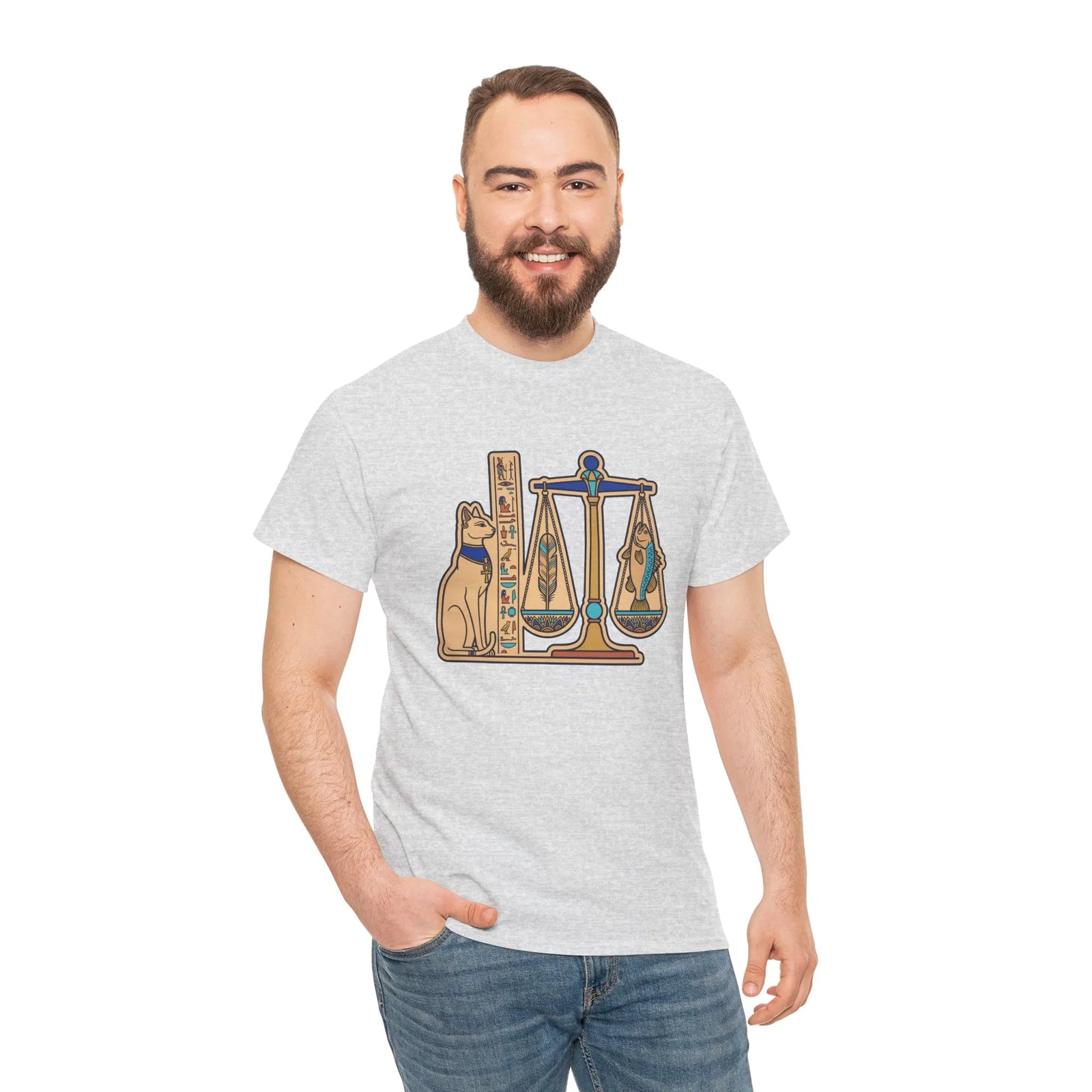 Egyptian Scales Pharaoh Cat Graphic T-Shirt - Heavy Cotton Classic Fit Tee - Unisex White