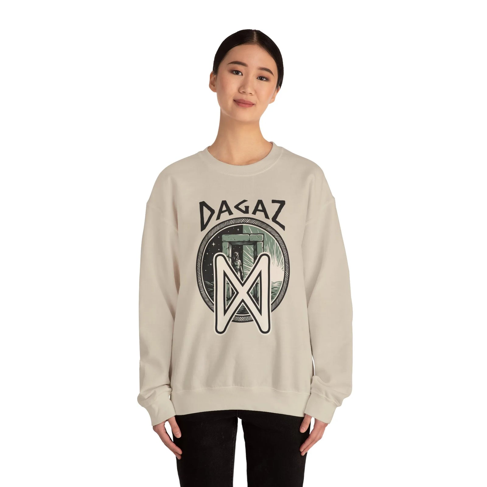 Dagaz Rune Dawn Dusk Graphic Sweatshirt - Heavyweight Cotton Poly Blend Crewneck - Unisex White