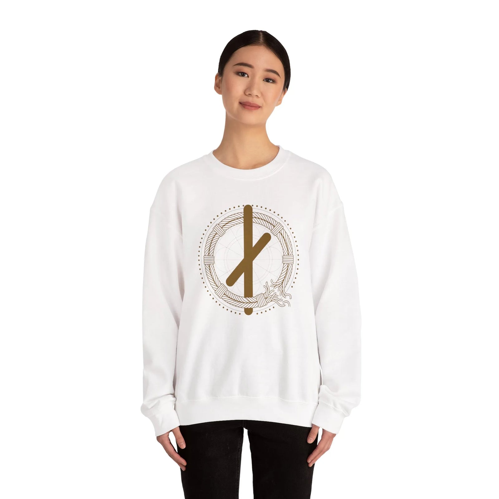 ᚾ Nauthiz Runic Design Sweatshirt - Heavy Blend Crewneck Fleece - Unisex White