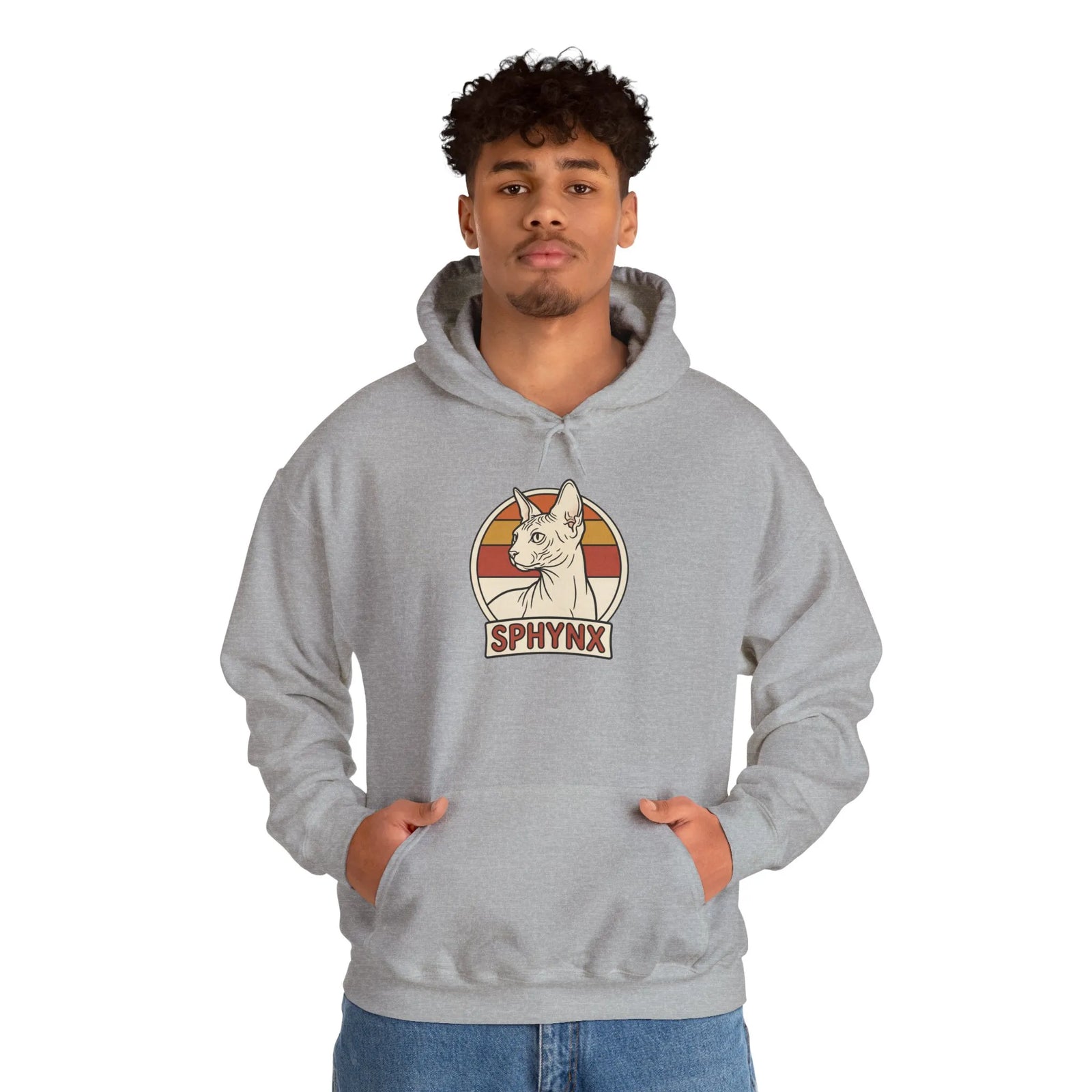 Sphynx Cat Retro Sunset Hoodie - Soft Blend Fleece Pullover - Unisex Ash