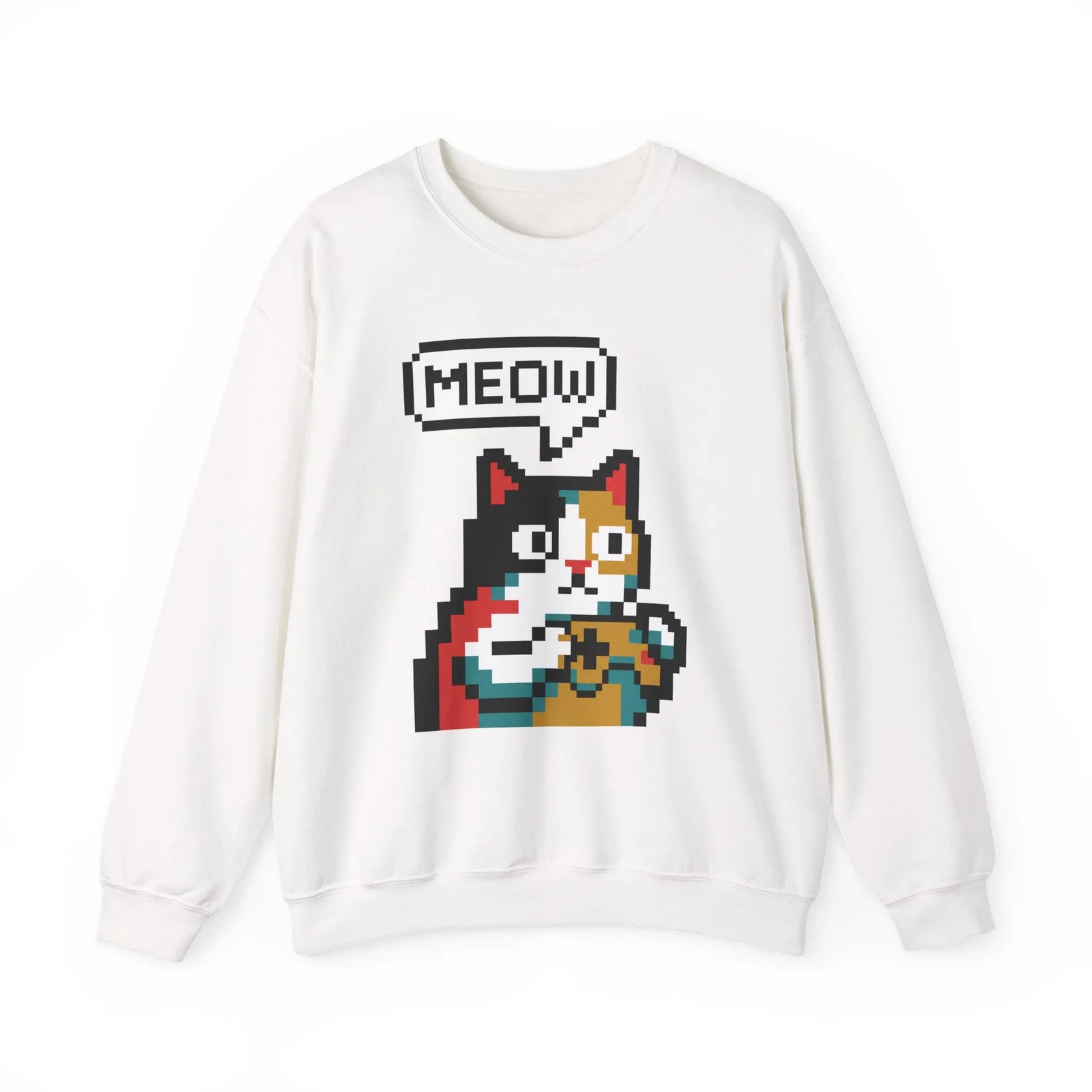 8-Bit Pixel Gaming Cat Sweatshirt - Heavy Blend Crewneck Classic Fit - Unisex White