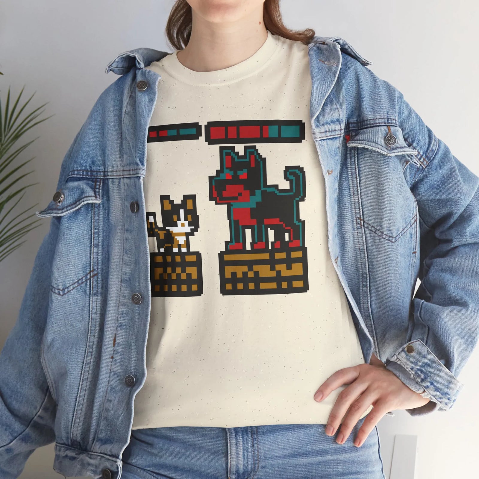 8-Bit Pixel Gaming Cats Boss Fight T-Shirt - Heavy Cotton Classic Fit Tee - Unisex White