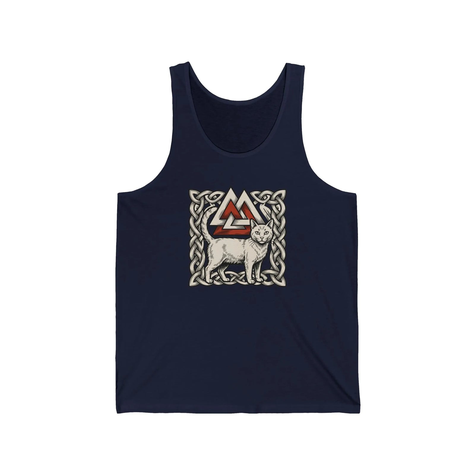 Valknut Cat Freyja Norse Woodcut Tank Top - Lightweight Ring-Spun Cotton Jersey - Unisex White