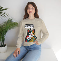 8-Bit Pixel Gaming Cat Sweatshirt - Heavy Blend Crewneck Classic Fit - Unisex White
