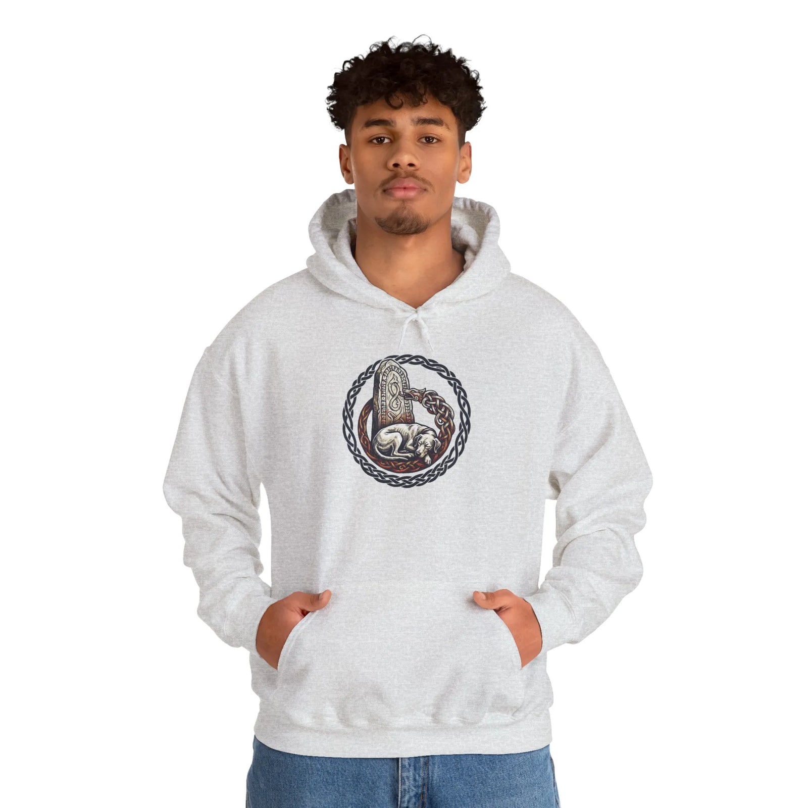 Norse Woodcut Runestone Hound Hoodie - Heavyweight Cotton Blend Pullover - Unisex White