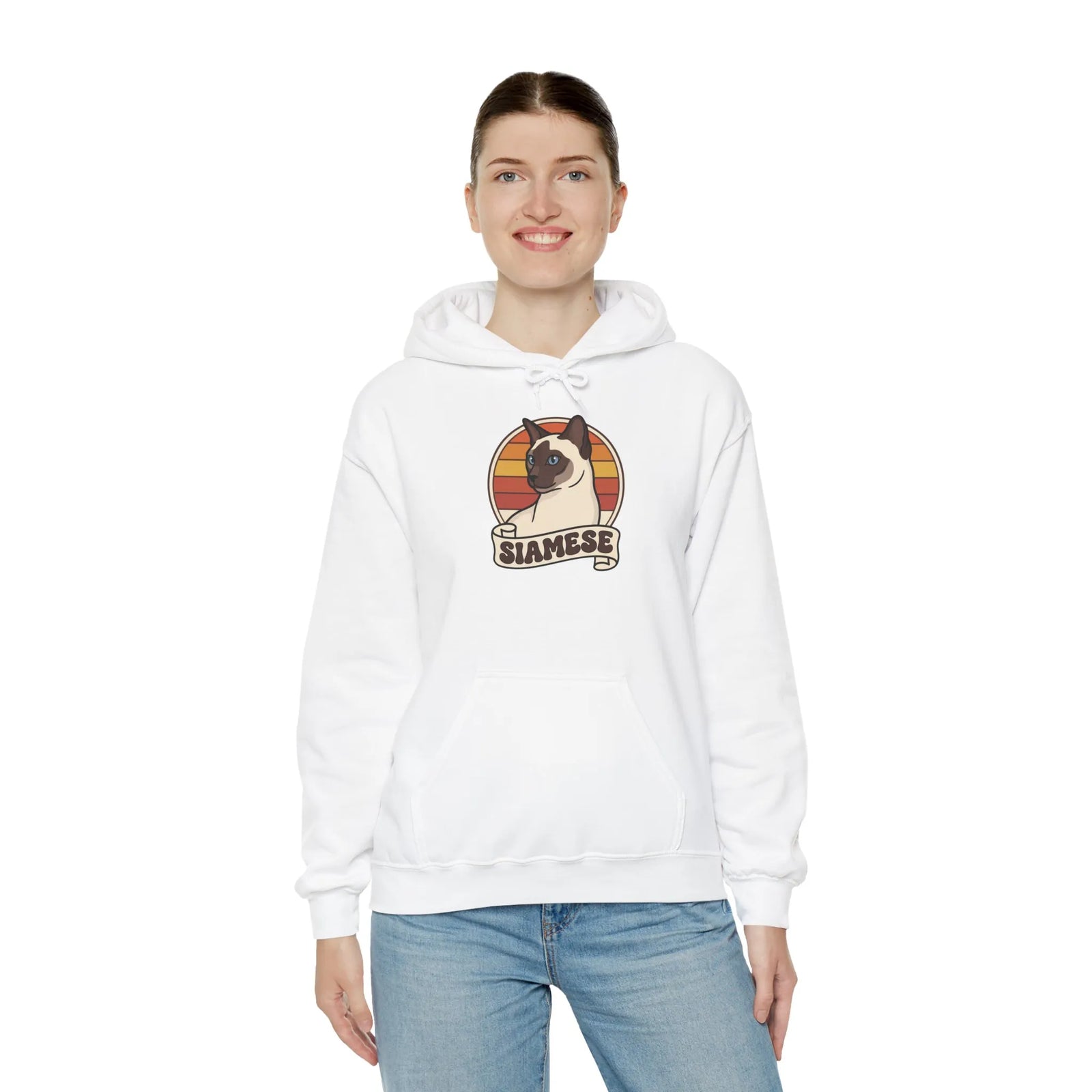 Siamese Cat Retro 70s Sunset Graphic Hoodie - Cozy Cotton Poly Blend Pullover - Unisex White