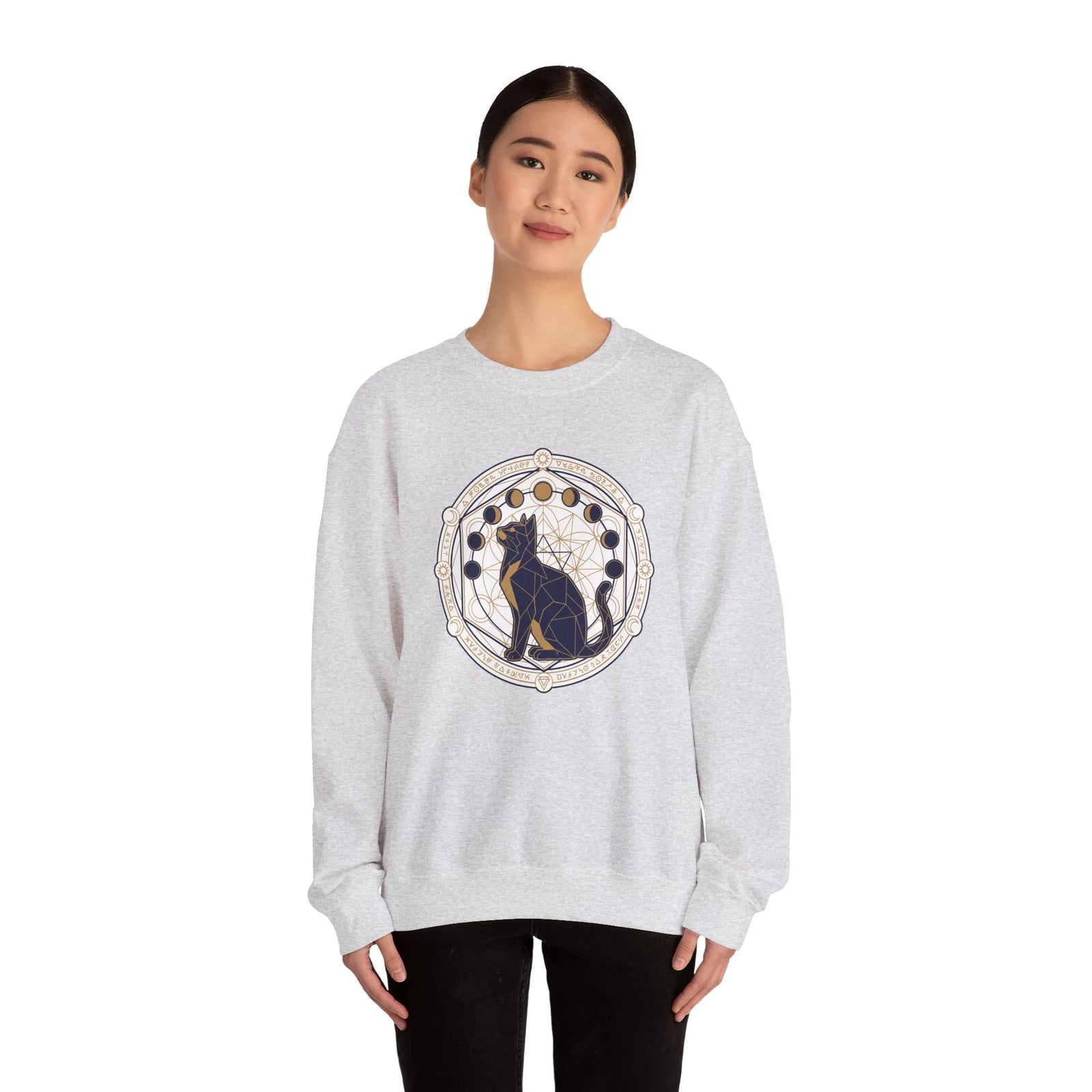 Moon Phases Sacred Geometry Cat Sweatshirt - Heavy Blend Cotton Polyester Crewneck - Unisex White