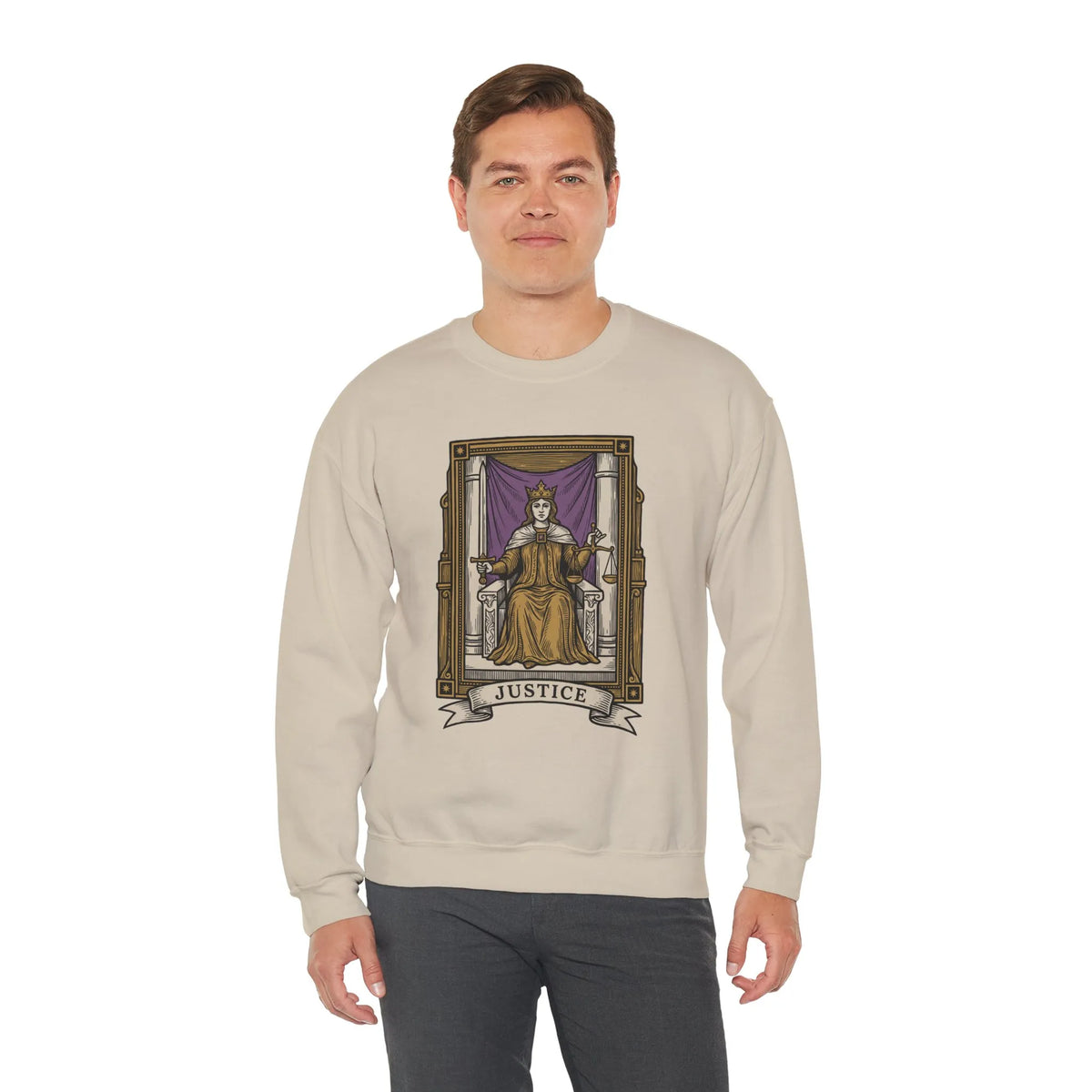 Justice Tarot Card Sweatshirt - Heavy Blend Cotton Poly Crewneck - Unisex White