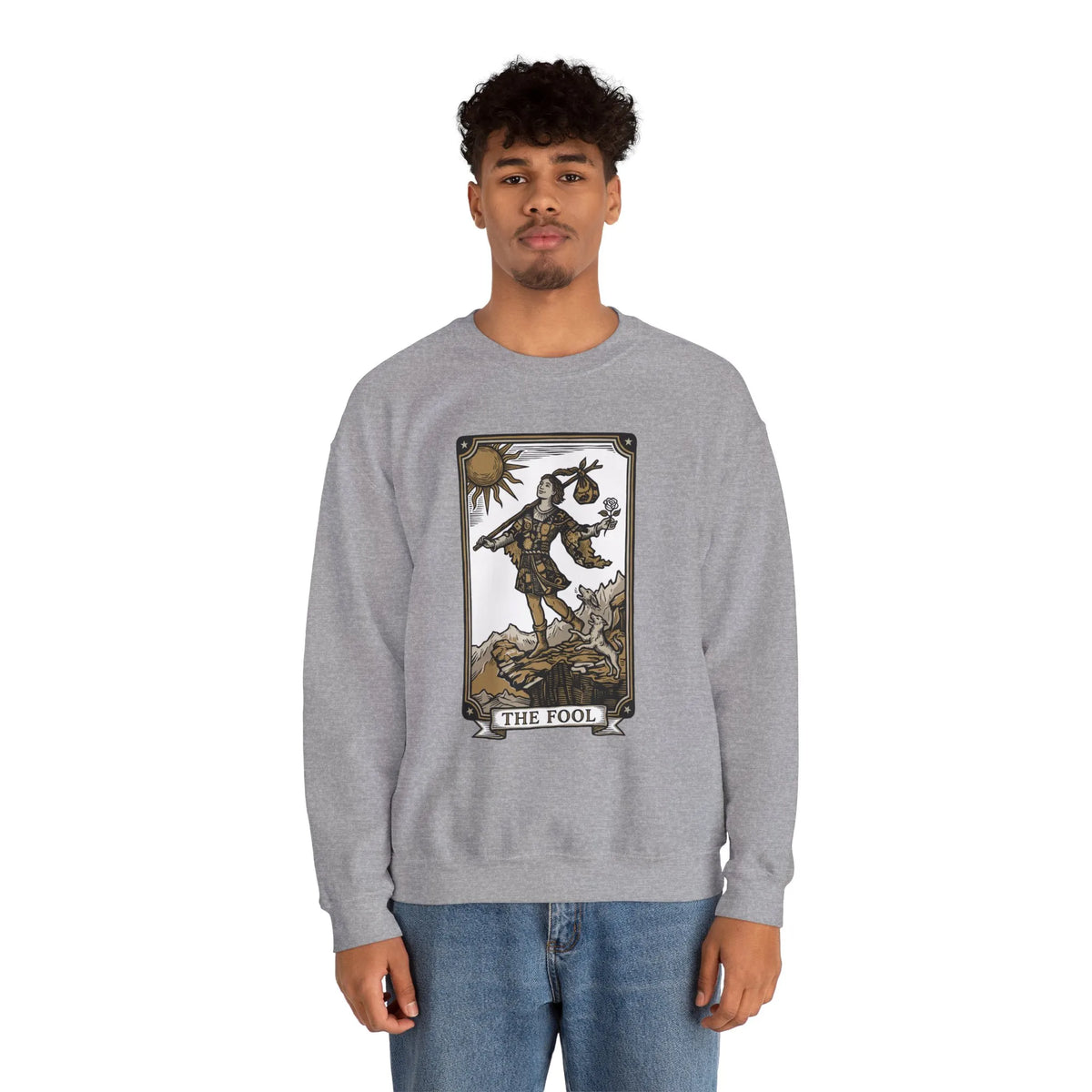 The Fool Tarot Card Graphic Sweatshirt - Heavy Blend Crewneck Fleece - Unisex White