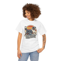 Australian Shepherd Retro 70s Sunset T-Shirt - Heavy Cotton Classic Fit Tee - Unisex White