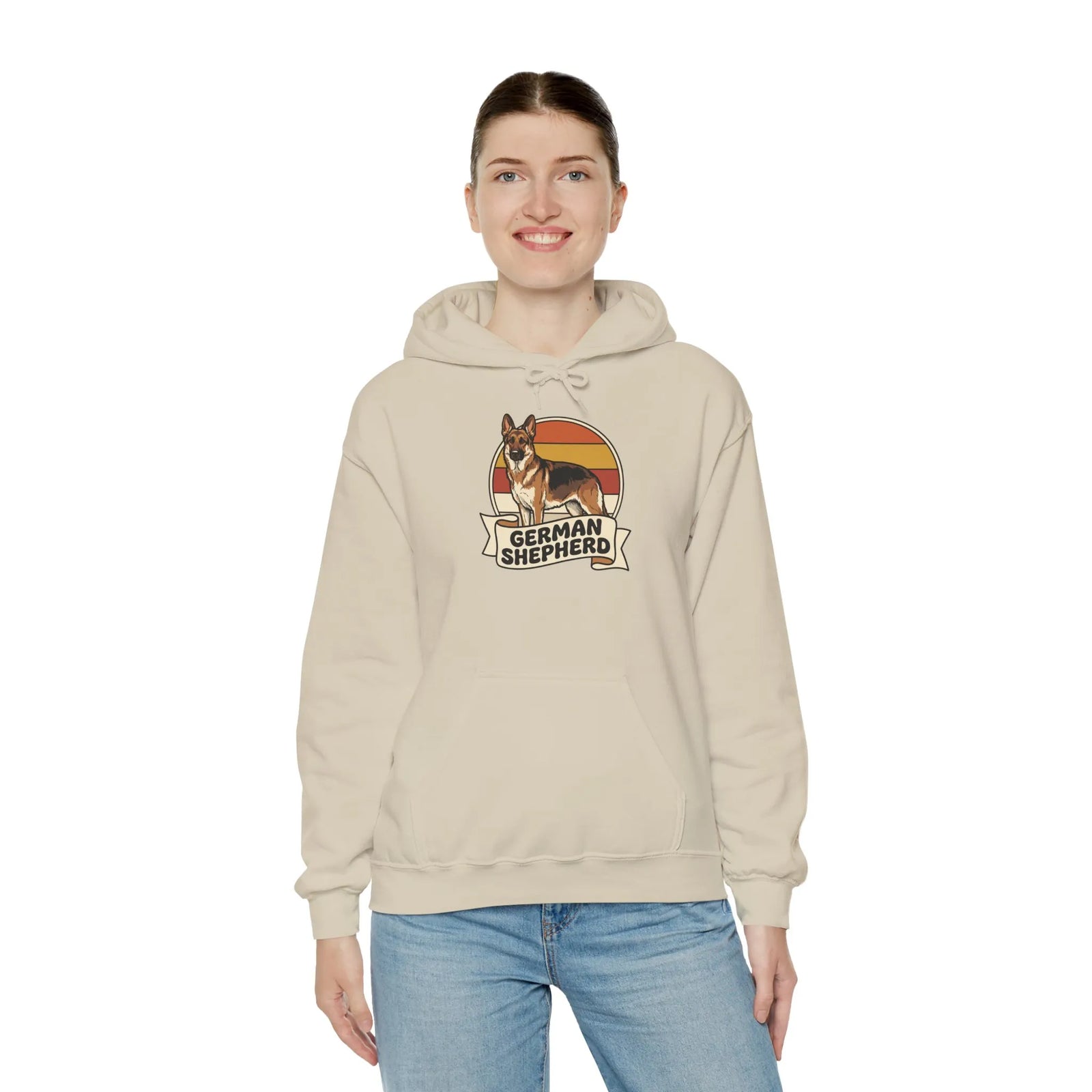 German Shepherd Retro Sunset Hoodie - Soft Cotton-Poly Blend Fleece - Unisex White