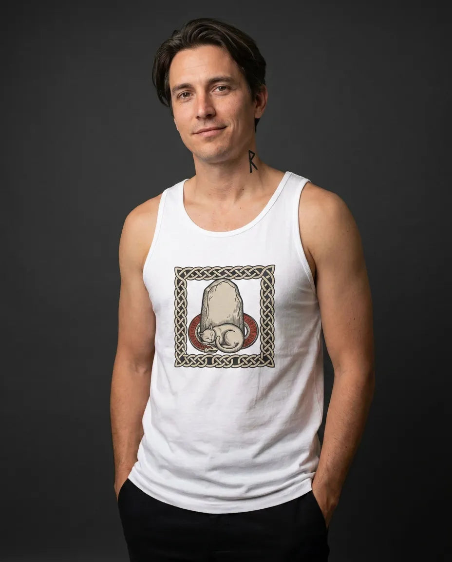 Runestone Cat Freyja Norse Tank Top - Lightweight Combed Cotton Jersey - Unisex White