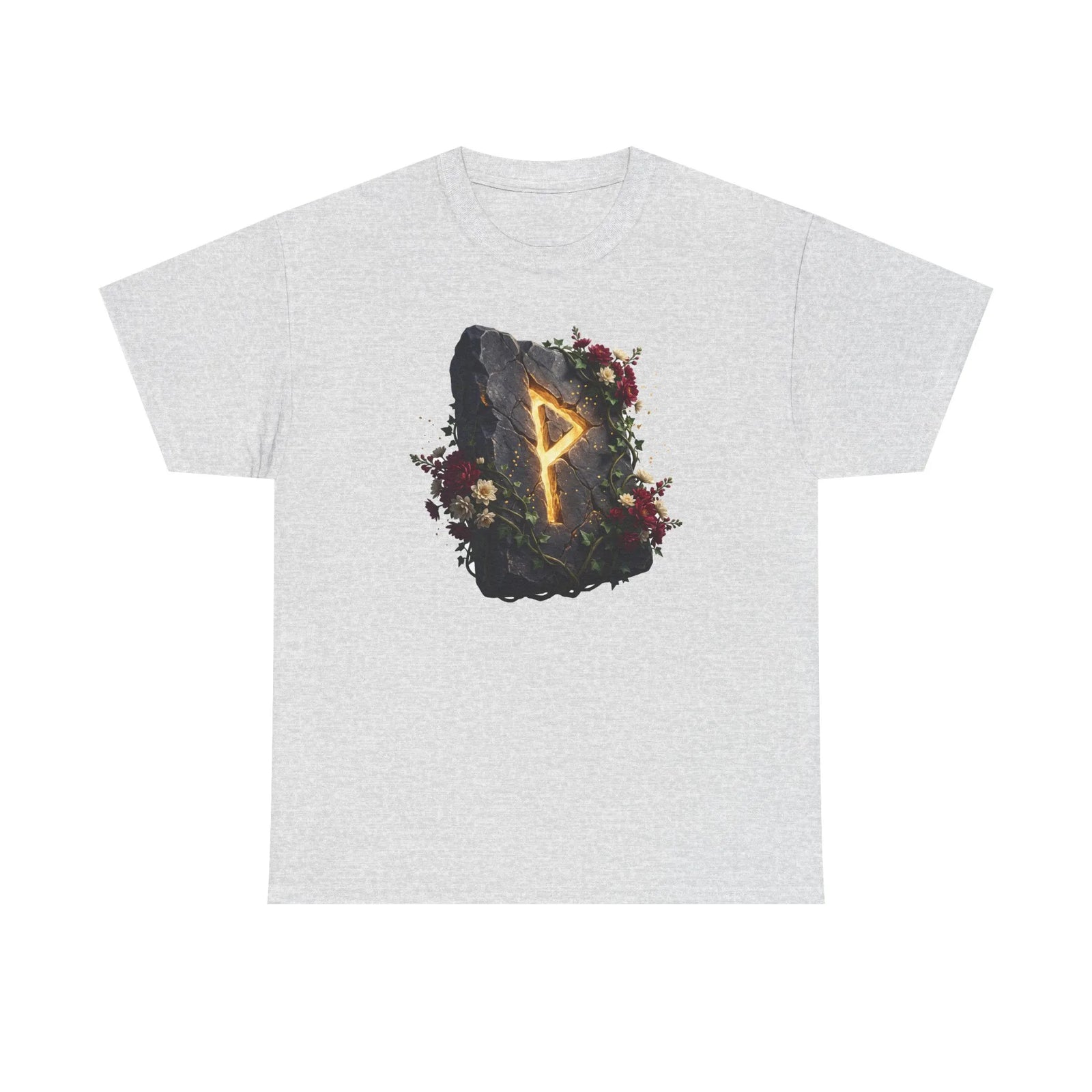Wunjo Rune Floral T-Shirt - Heavy Cotton Classic Fit Tee - Unisex White