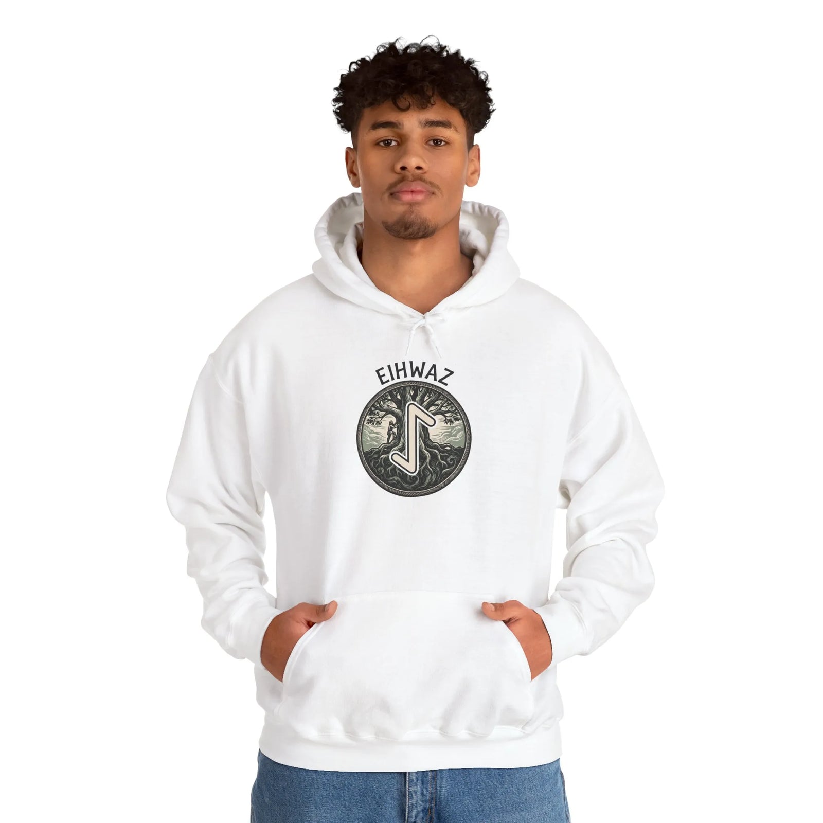 Eihwaz Yew World Tree Rune Hoodie - Soft Cotton Blend Pullover - Unisex White