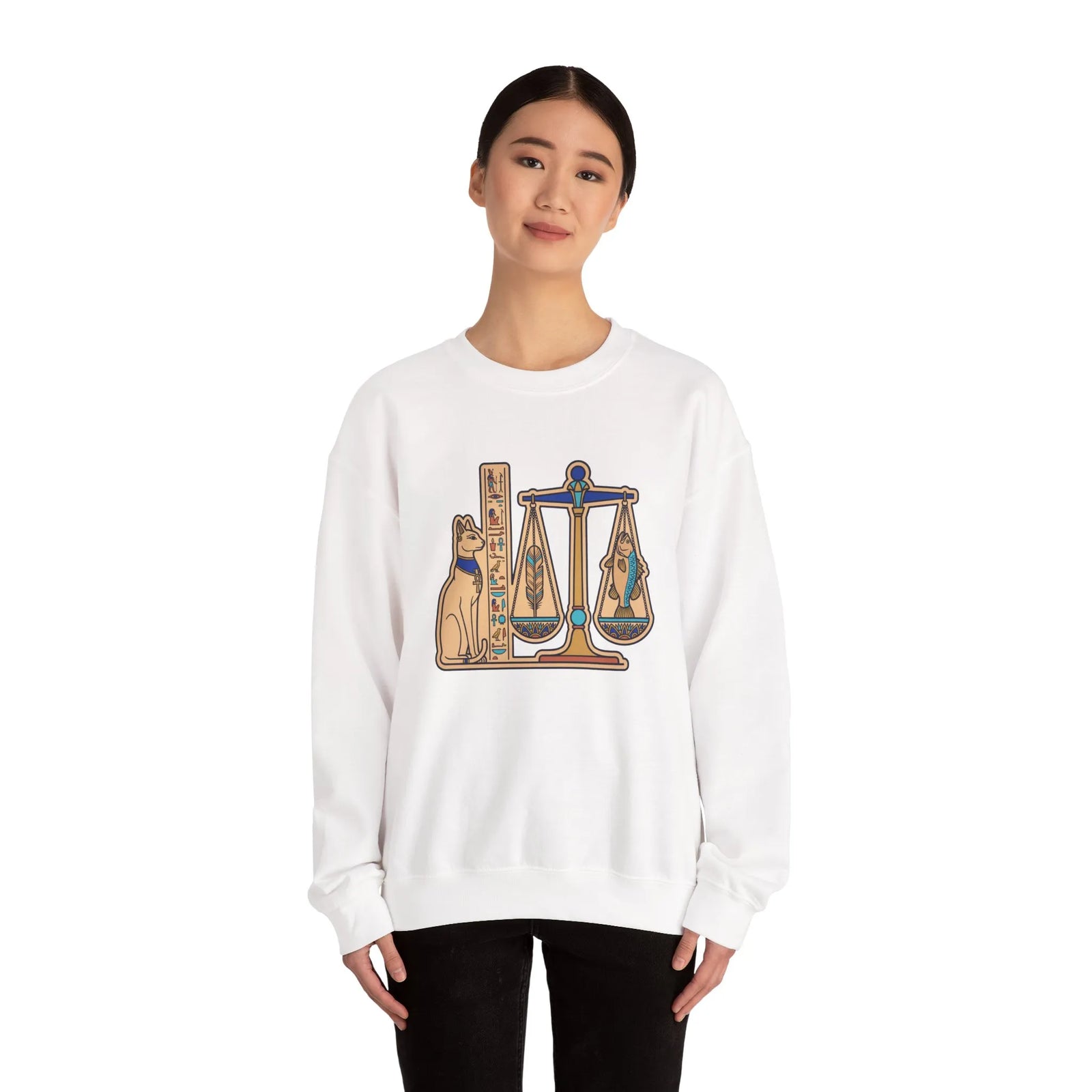 Egyptian Cat Scales Graphic Sweatshirt - Heavy Blend Fleece Crewneck - Unisex White