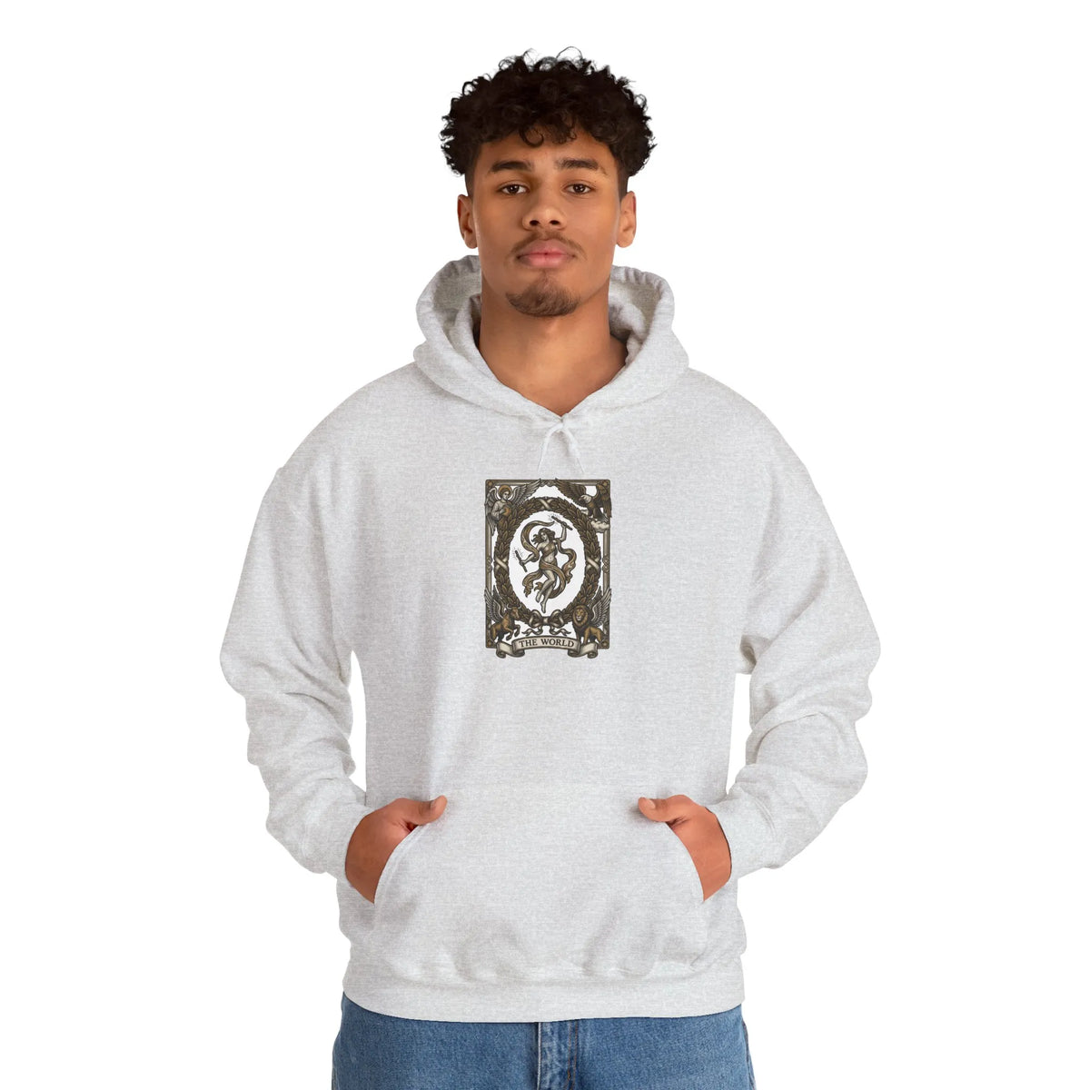 The World Tarot Card Graphic Hoodie - Heavyweight Cotton Blend Pullover - Unisex White