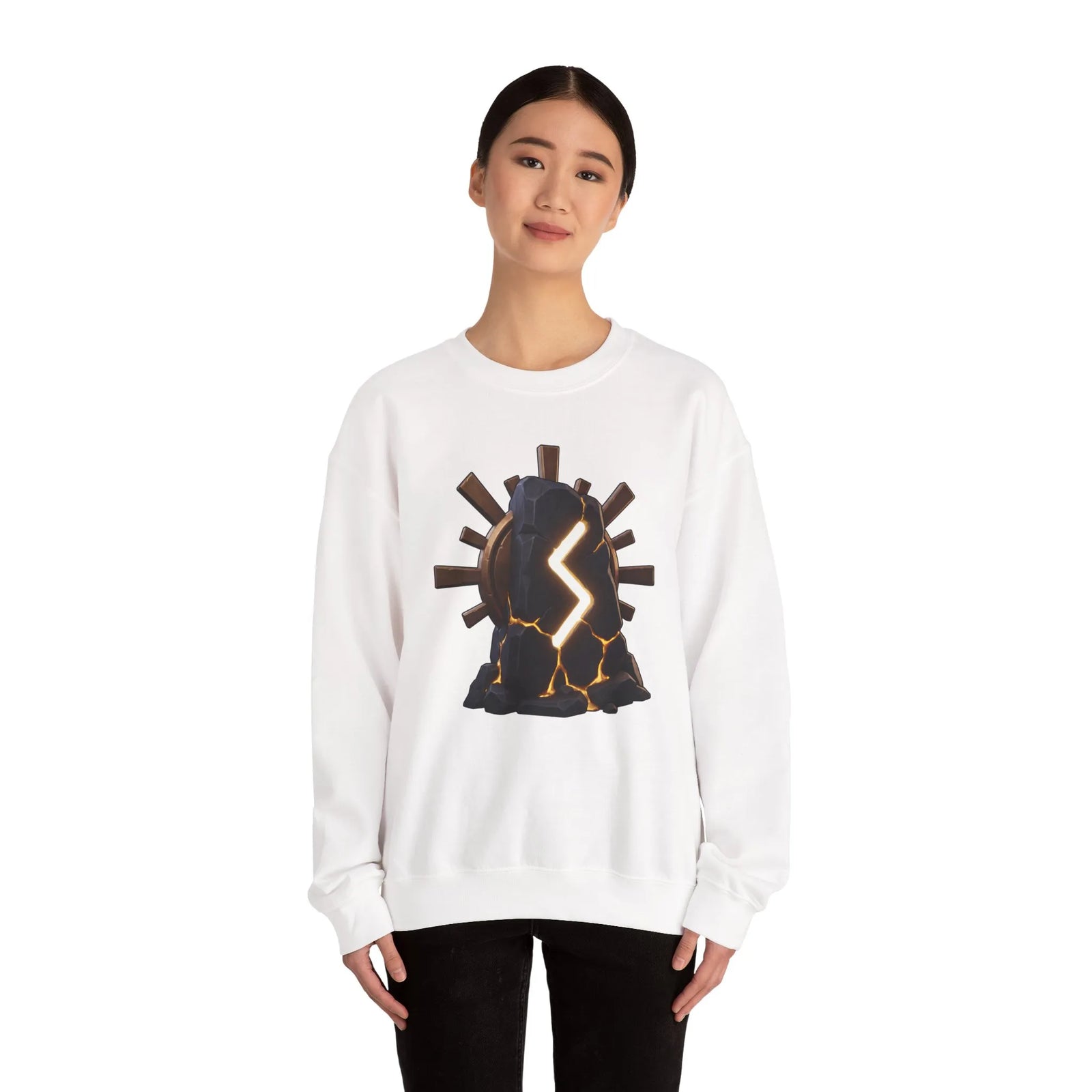Sowulo Rune Sun Graphic Sweatshirt - Classic Fit Fleece Crewneck - Unisex White