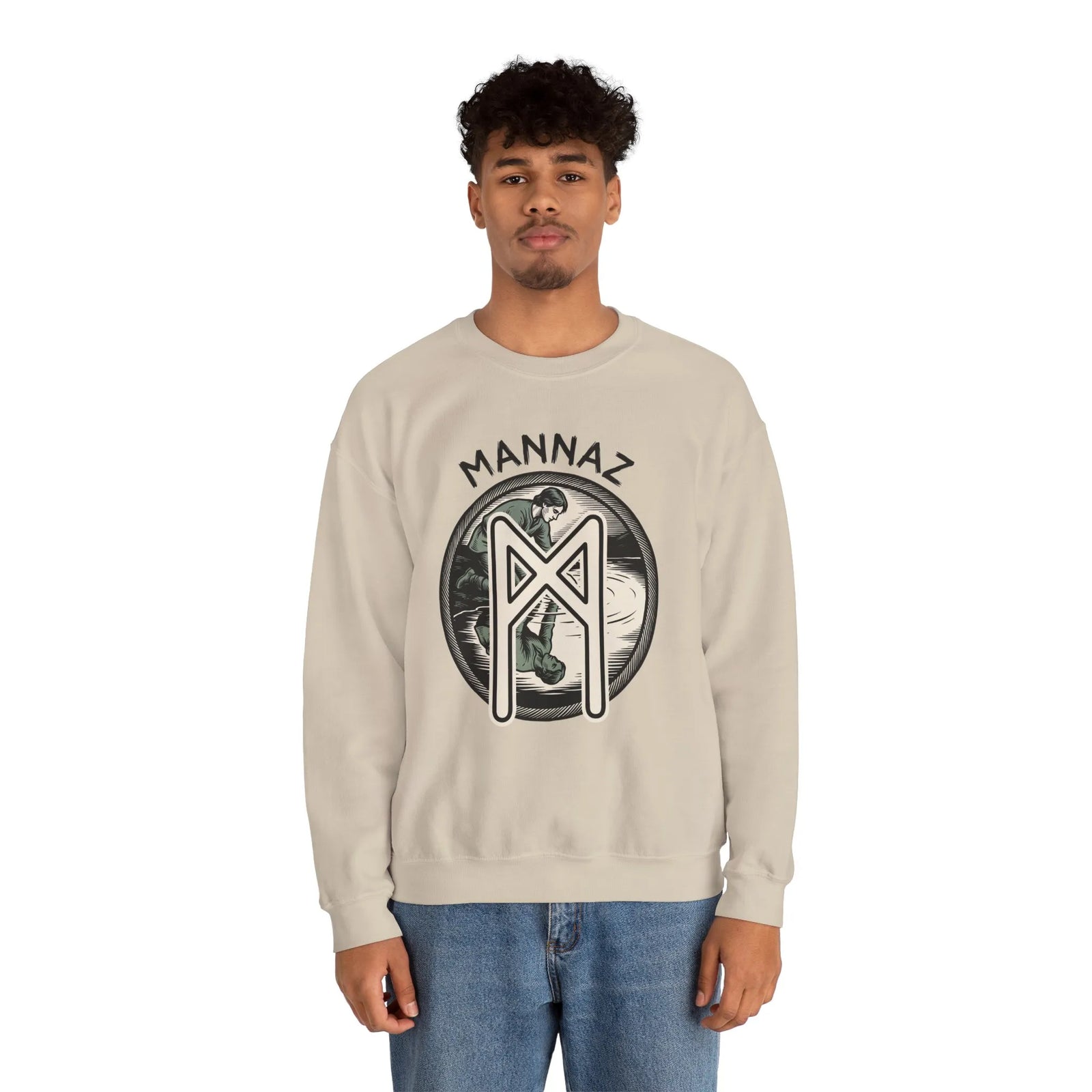 Mannaz Humanity Rune Graphic Sweatshirt - Heavy Blend Fleece Crewneck - Unisex White