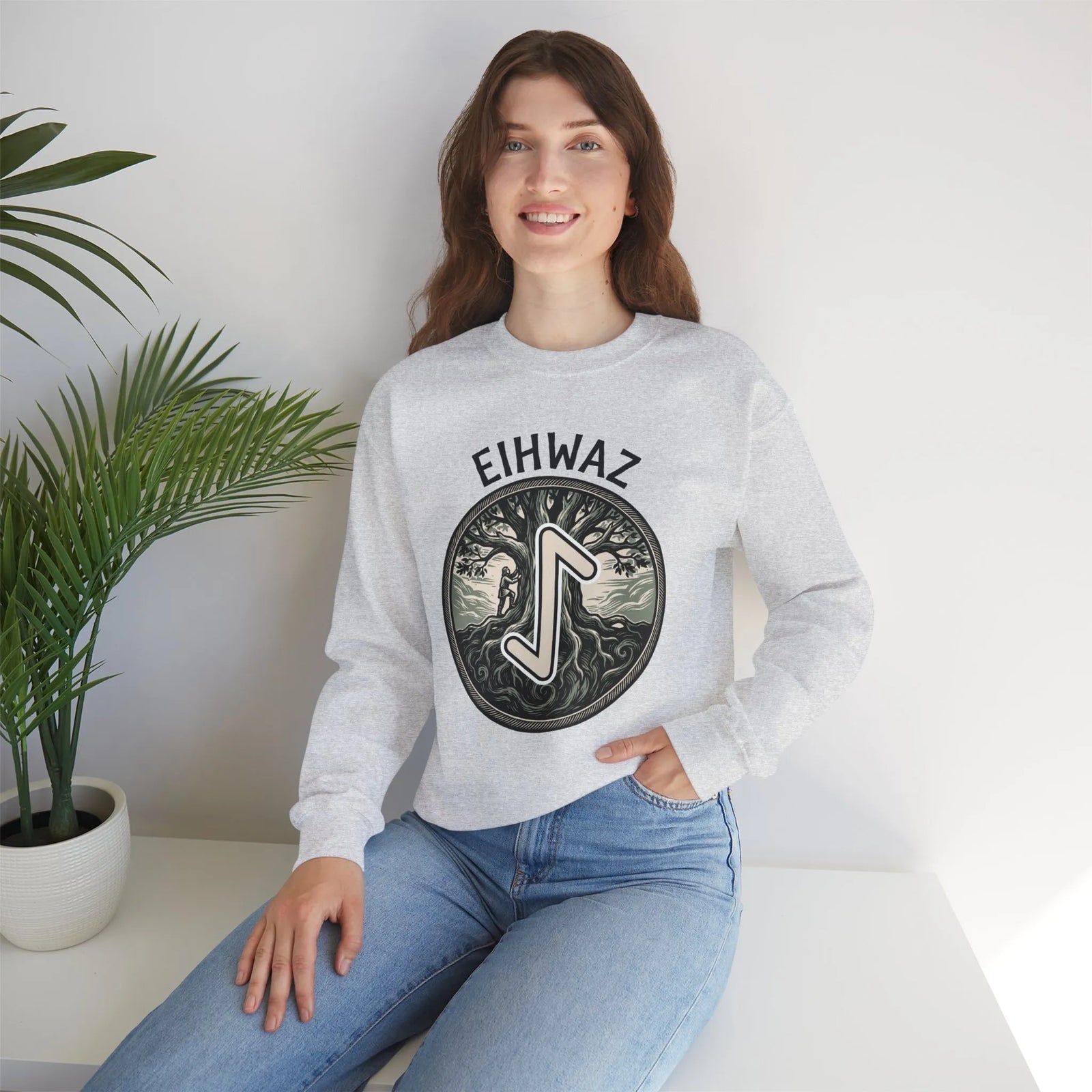 Eihwaz Yew Tree Rune Sweatshirt - Medium-Heavy Fleece Crewneck - Unisex White