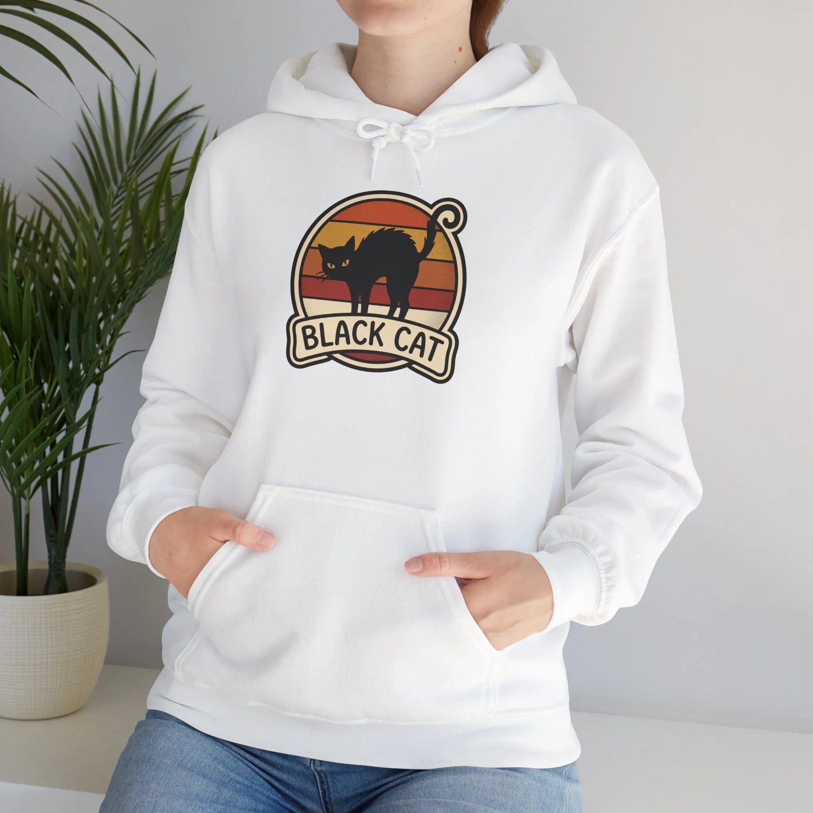 Black Cat Retro Sunset Hoodie - Heavy Blend Cotton-Poly Fleece - Unisex White