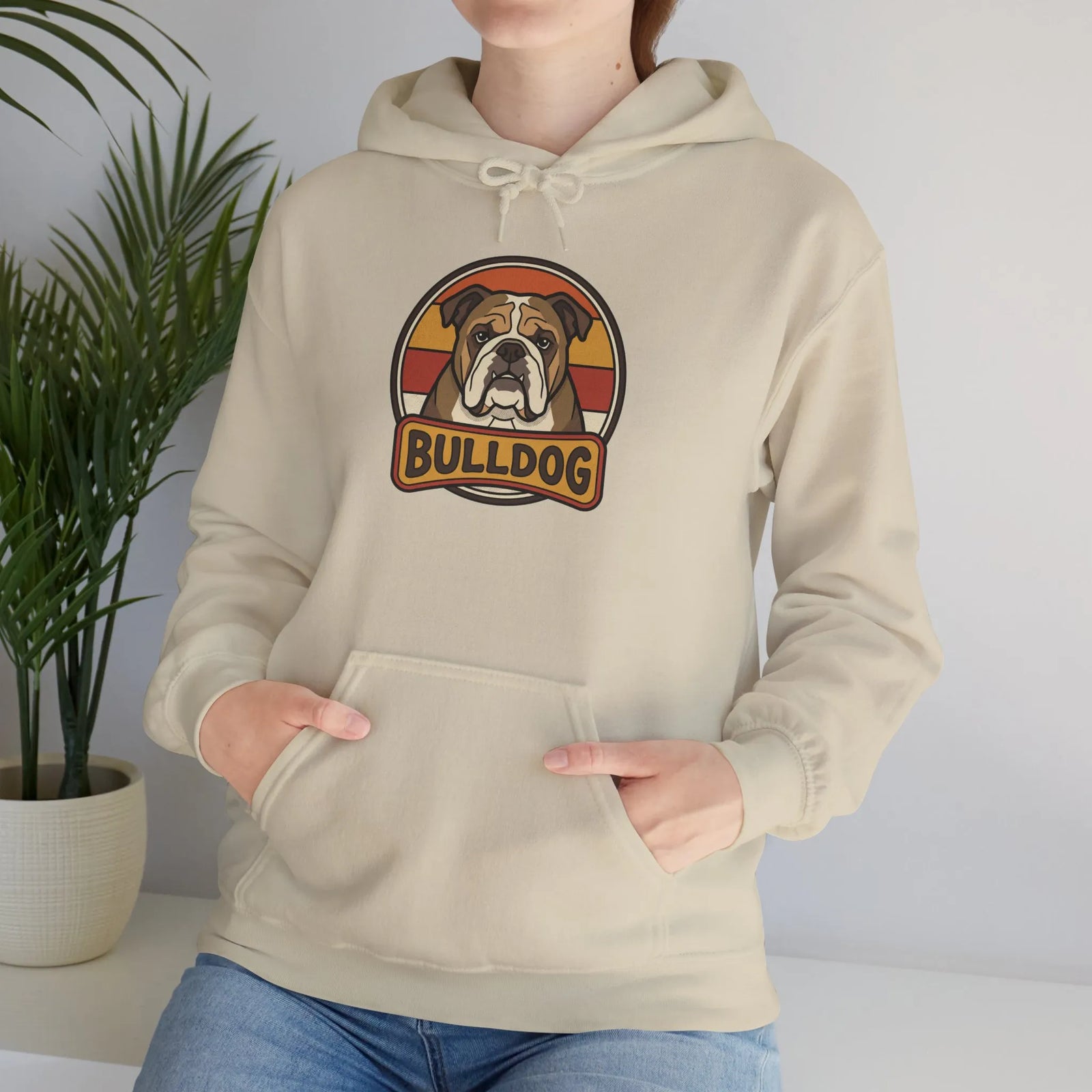 Bulldog Retro 70s Sunset Hoodie - Heavy Blend Fleece Pullover - Unisex White