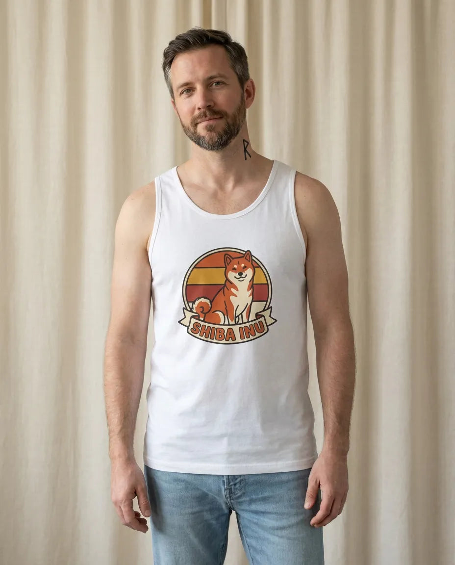 Shiba Inu Retro 70s Sunset Tank Top - Lightweight Soft Combed Cotton - Unisex White