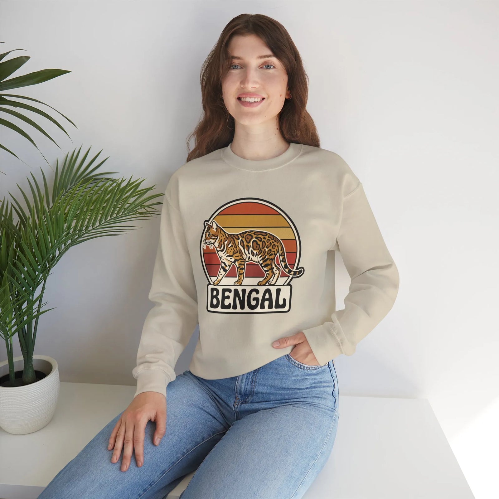 Bengal Cat Retro Sunset Sweatshirt - Classic Fit Heavy Blend Crewneck - Unisex White