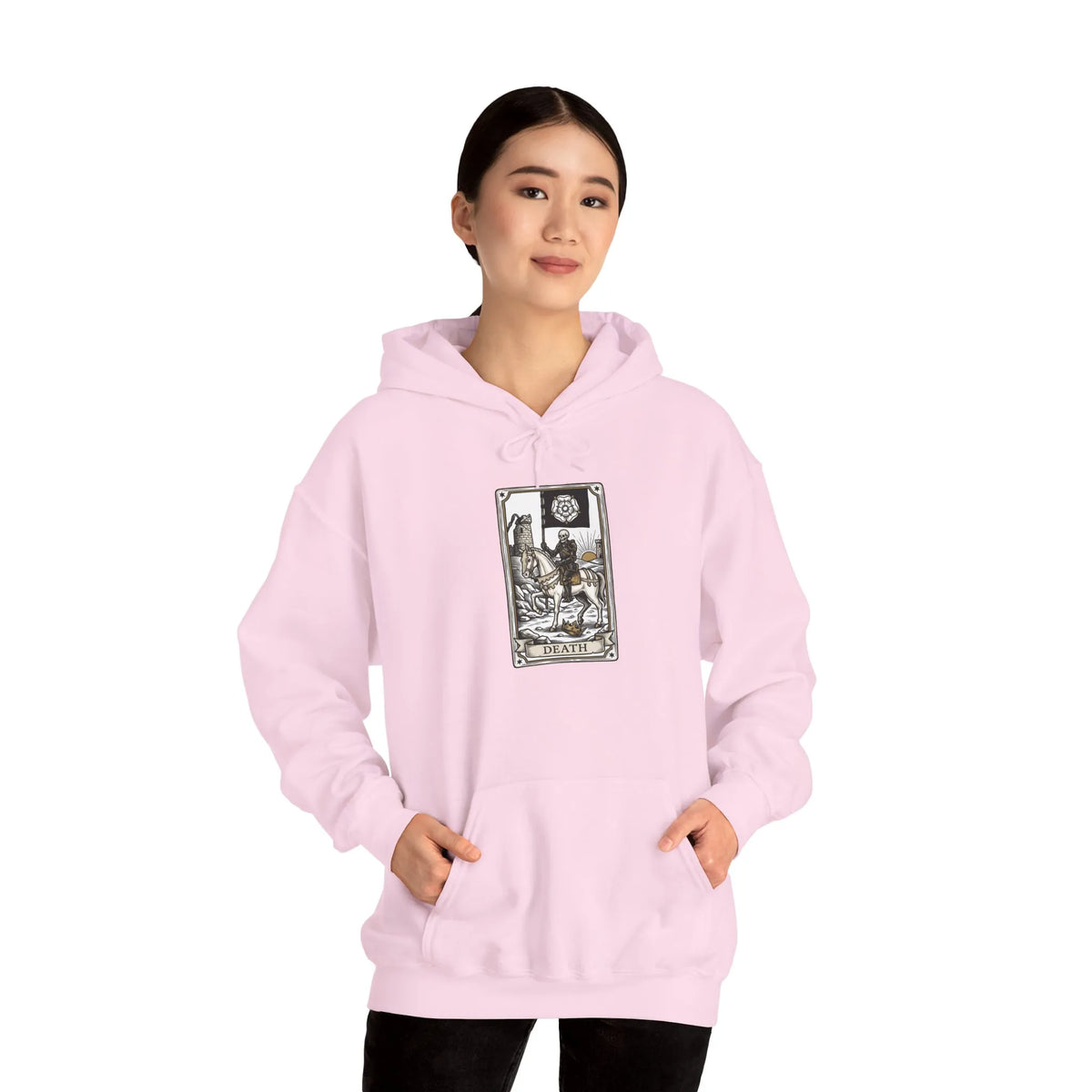 Death Tarot Card Graphic Hoodie - Medium-Heavy Cotton-Poly Blend Pullover - Unisex White