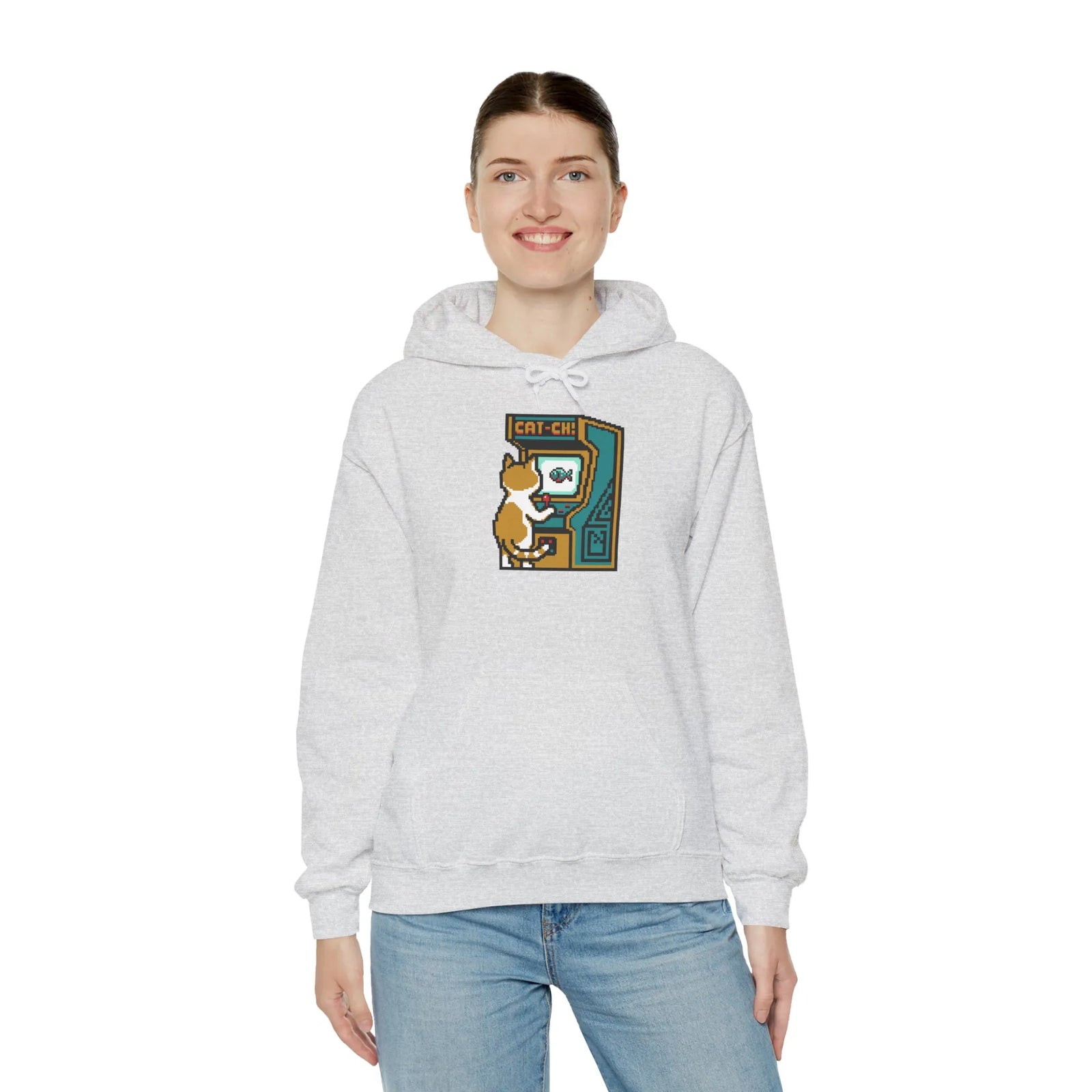 Arcade Gaming Pixel Cat Hoodie - Classic Fit Cotton Blend Pullover - Unisex White