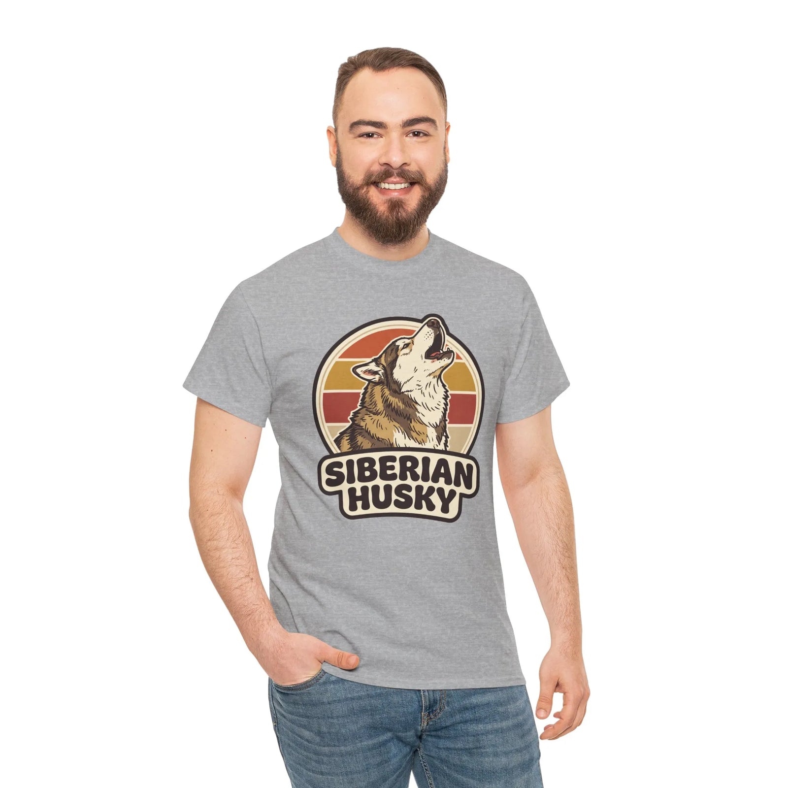 Siberian Husky Retro Sunset T-Shirt - Heavy Cotton Classic Fit Tee - Unisex White