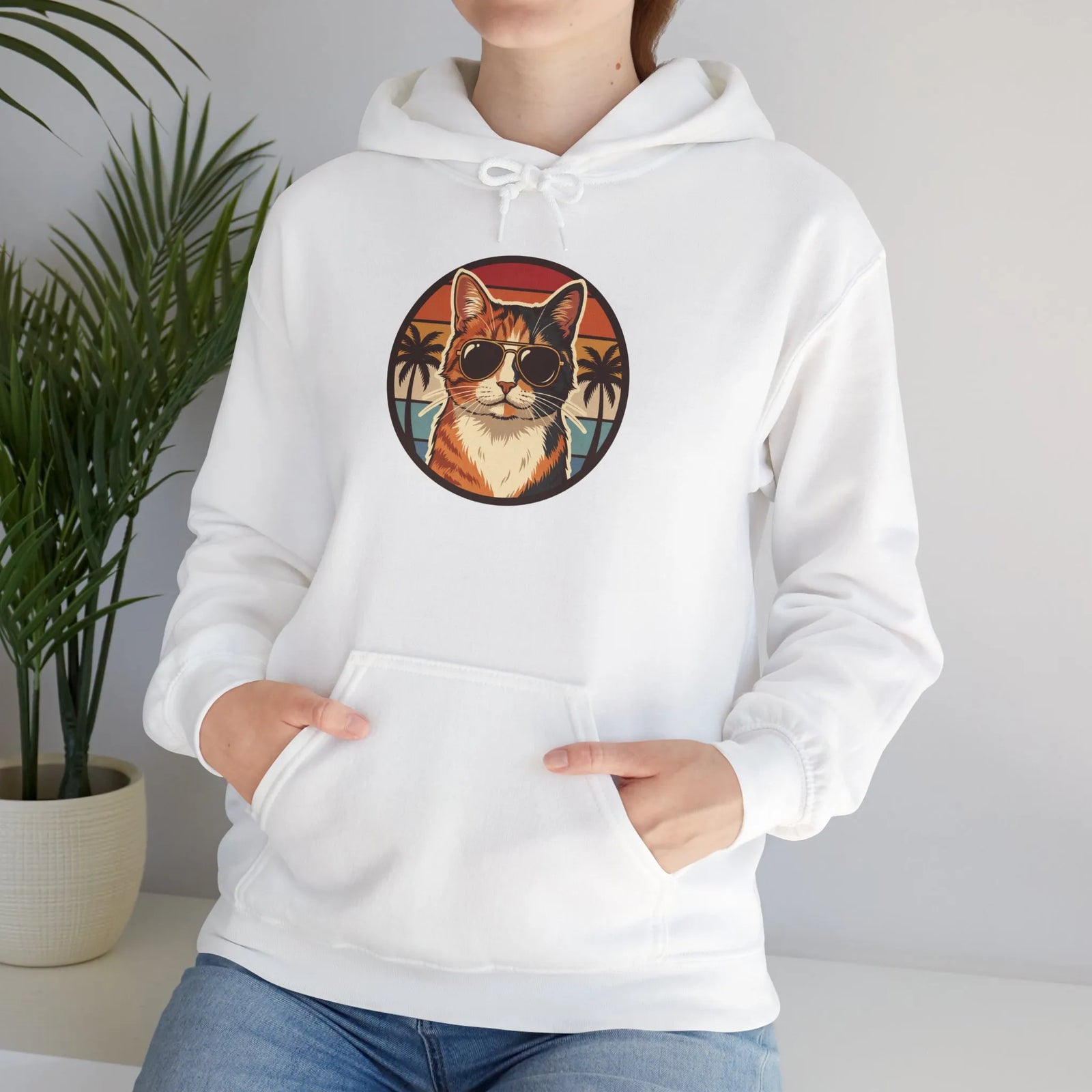 Calico Cat Aviator Sunglasses Hoodie - Heavy Blend Fleece Pullover - Unisex White