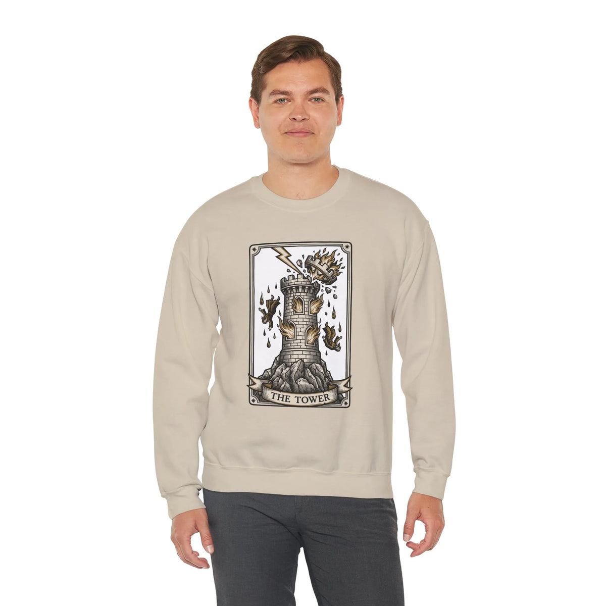 The Tower Tarot Card Sweatshirt - Heavy Blend Fleece Crewneck - Unisex White
