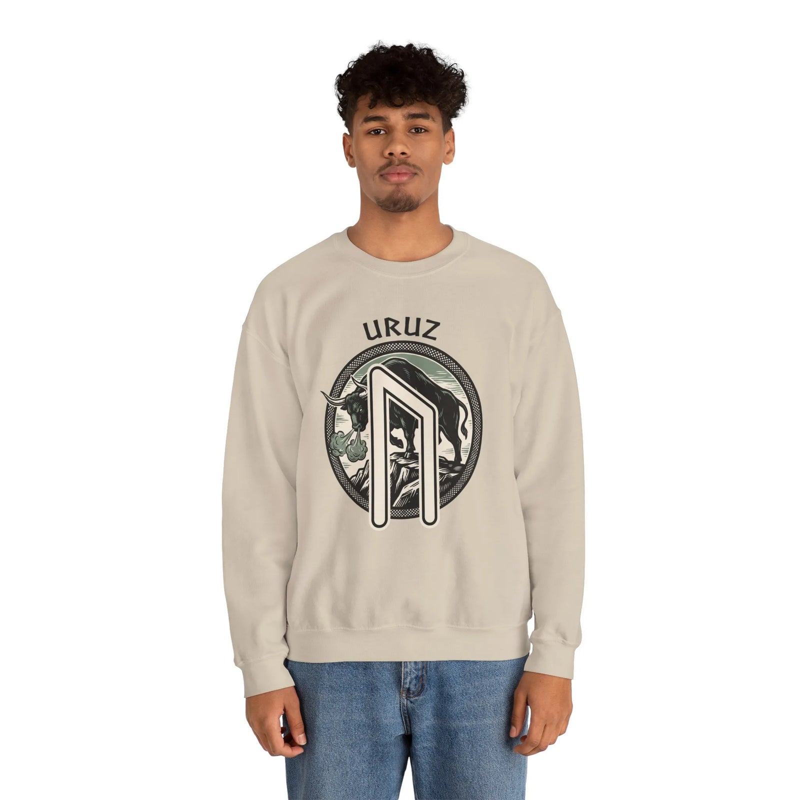 Uruz Rune Bull Norse Mythology Sweatshirt - Heavy Blend Cotton Poly Crewneck - Unisex White