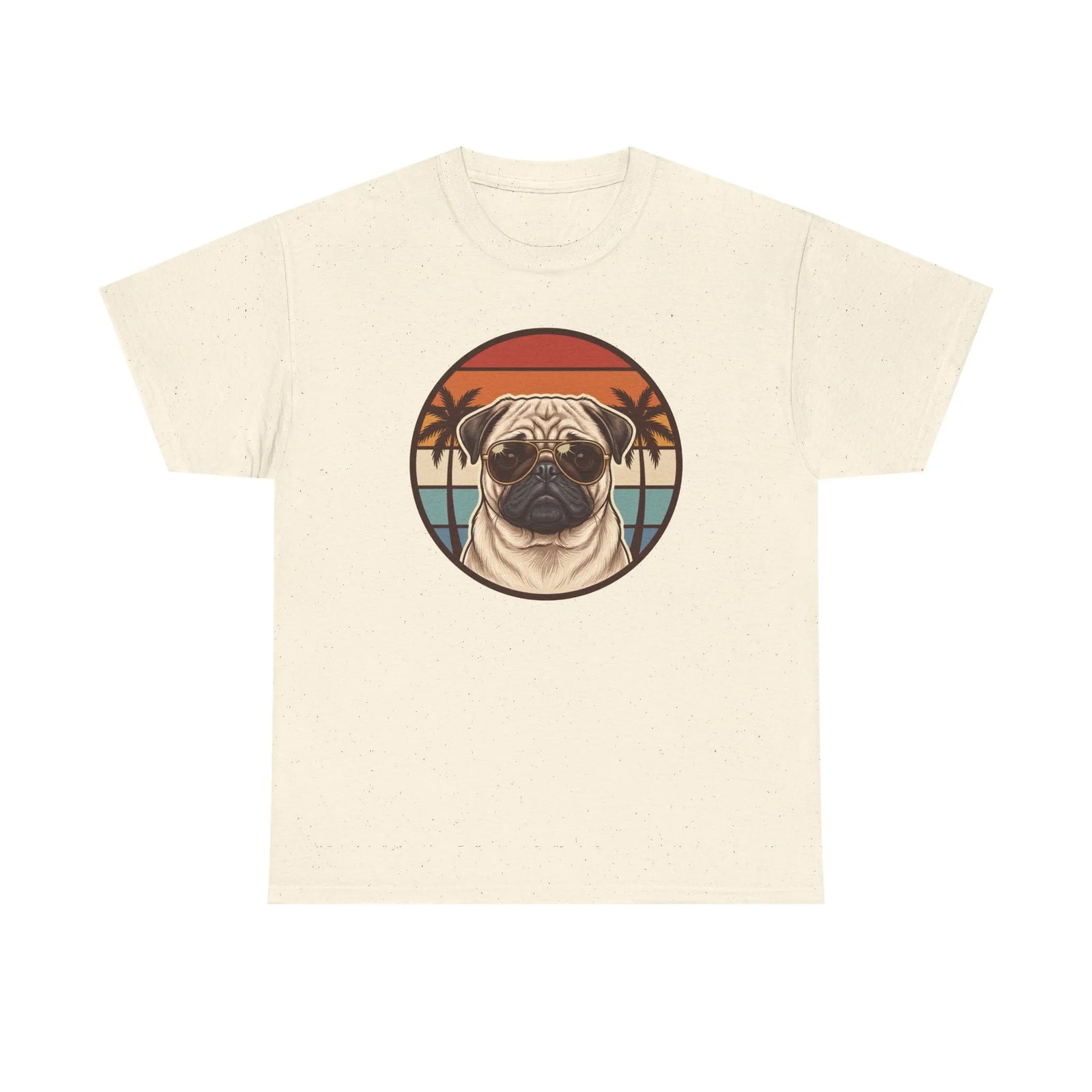 Pug Aviator 70s Sunset Graphic T-Shirt - Heavyweight Cotton Classic Fit Tee - Unisex White
