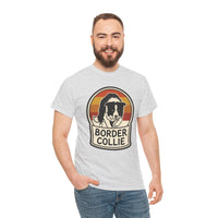 Border Collie Retro 70s Sunset T-Shirt - Heavy Cotton Classic Fit Tee - Unisex White