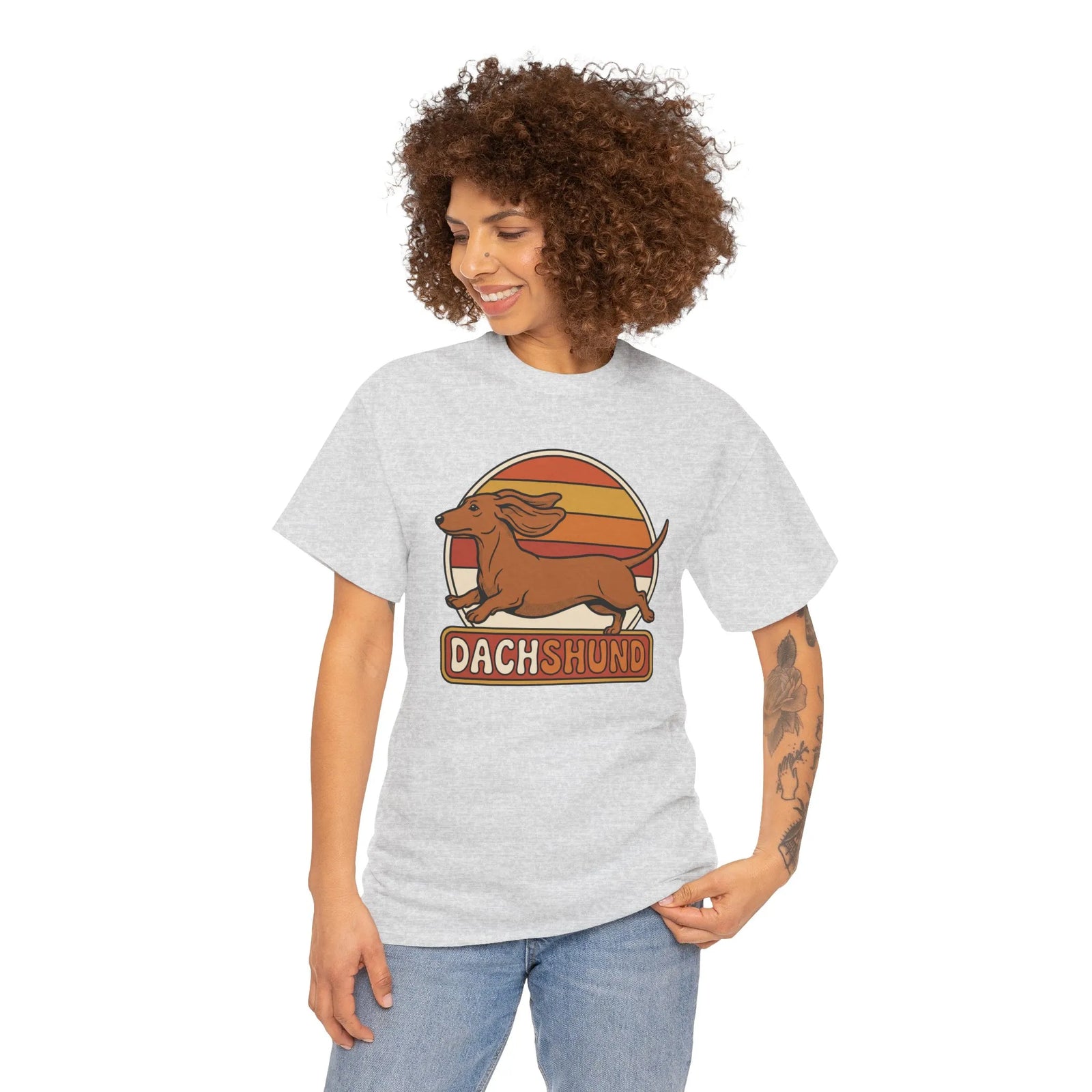 Dachshund Retro 70s Sunset Graphic T-Shirt - Heavy Cotton Classic Fit Tee - Unisex White